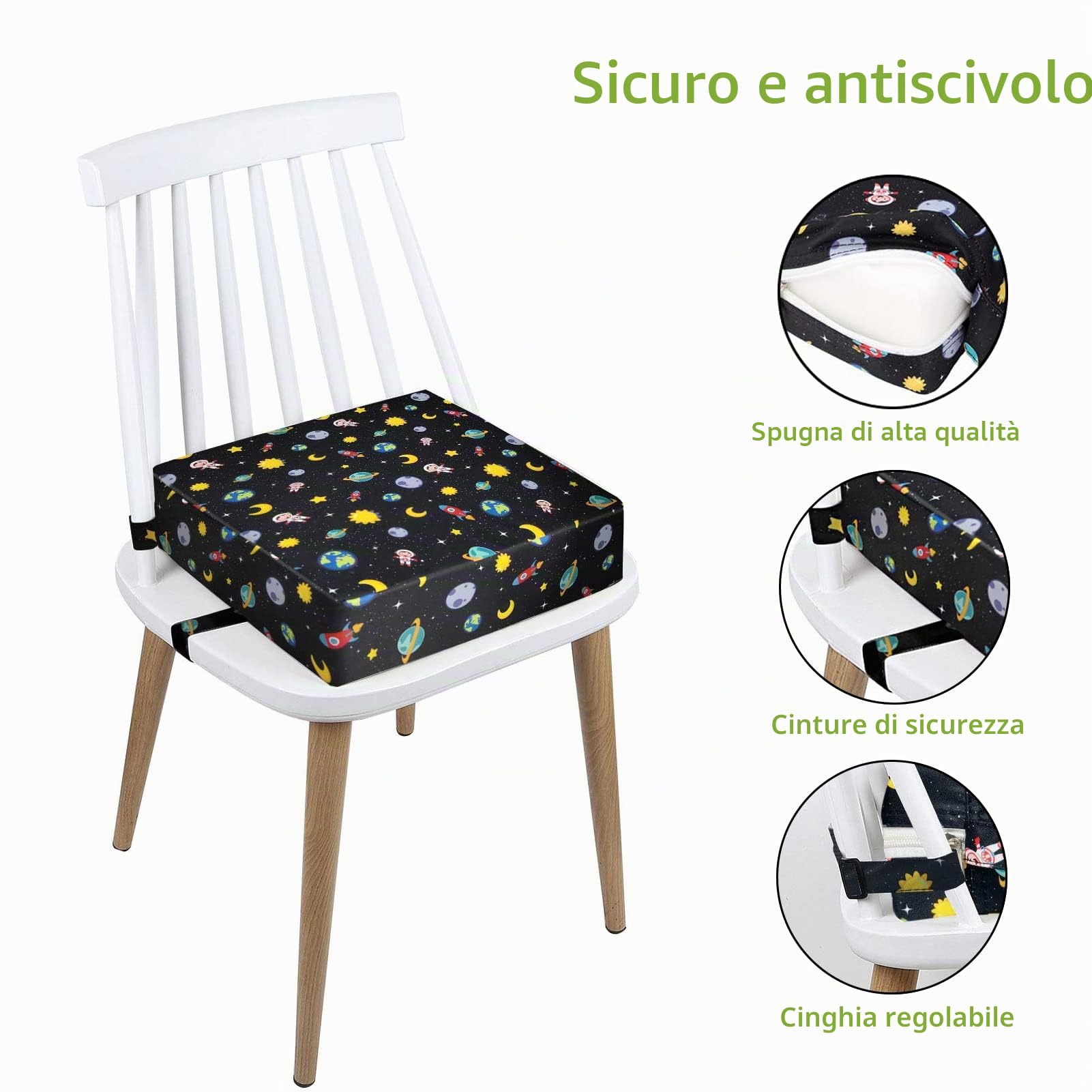 Taeku Cuscino Rialzo, Regolabile Lavabile Cuscino per Sedia Seggiolino Rialzo Booster Seat con 2 Sicurezza Fibbie per Tavolo da Pranzo (Pianeta Nero)