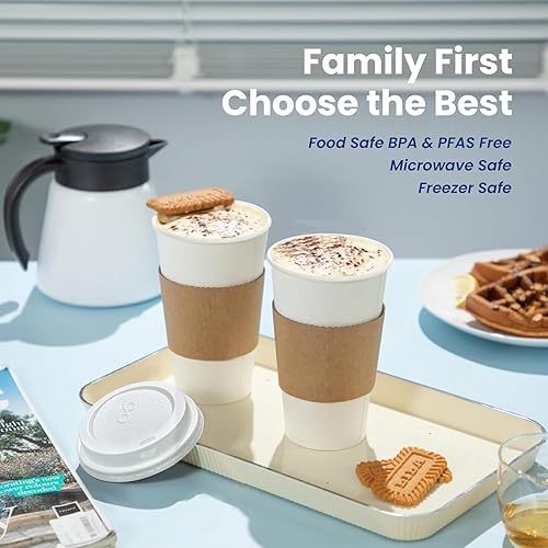 Miniatura 8 de Fit Meal Prep Paquete de 50 tazas de café desechables de 10 onzas con tapas y mangas, tazas de café premium con tapas, taza de papel blanco caliente