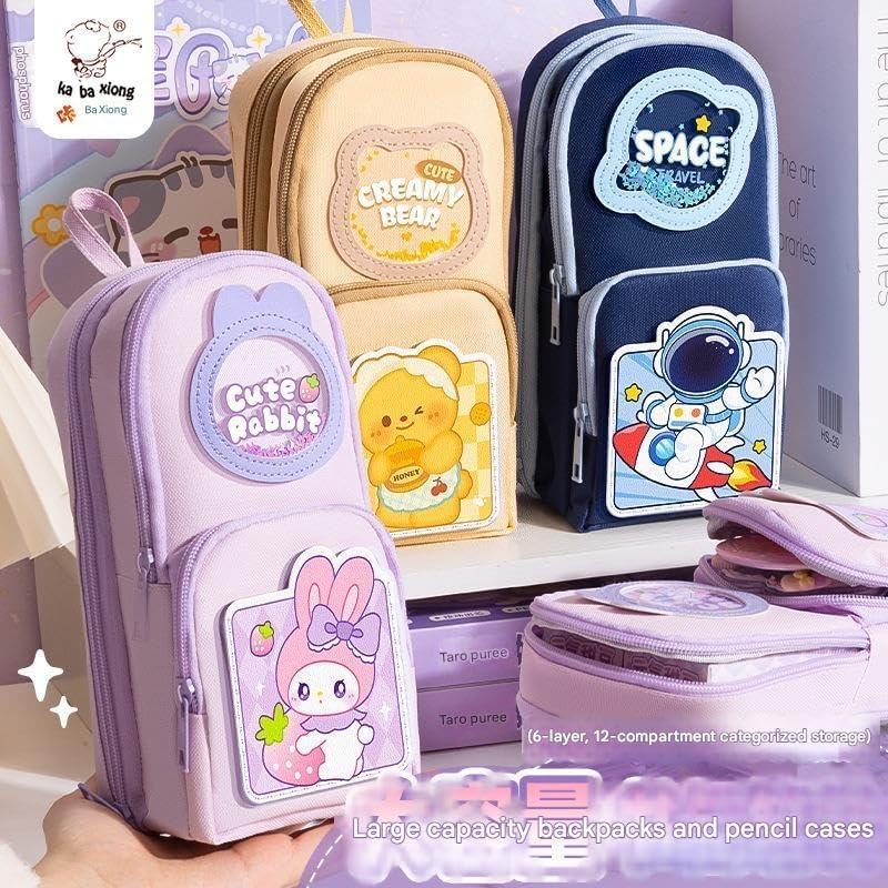 Image of Three Layer School Bag-Shaped Pencil Pouch, Large-Capacity Pencil Pouch with Zipper, Multipurpose Pen & Pencil Case for School Supplies for Boys & Girls (Pack of 1) (Creamy Bear)