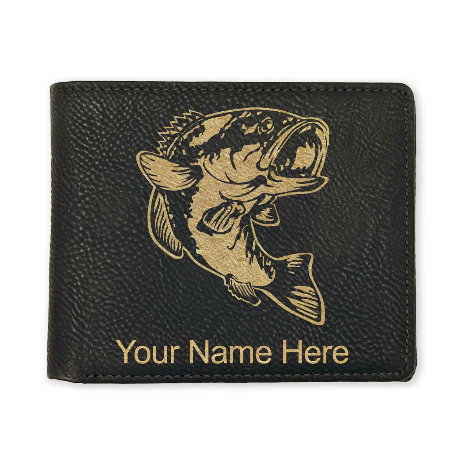 LaserGram Faux Leather Bi-Fold Wallet, Bass Fish, Personalized Engraving Included (Black with Gold)