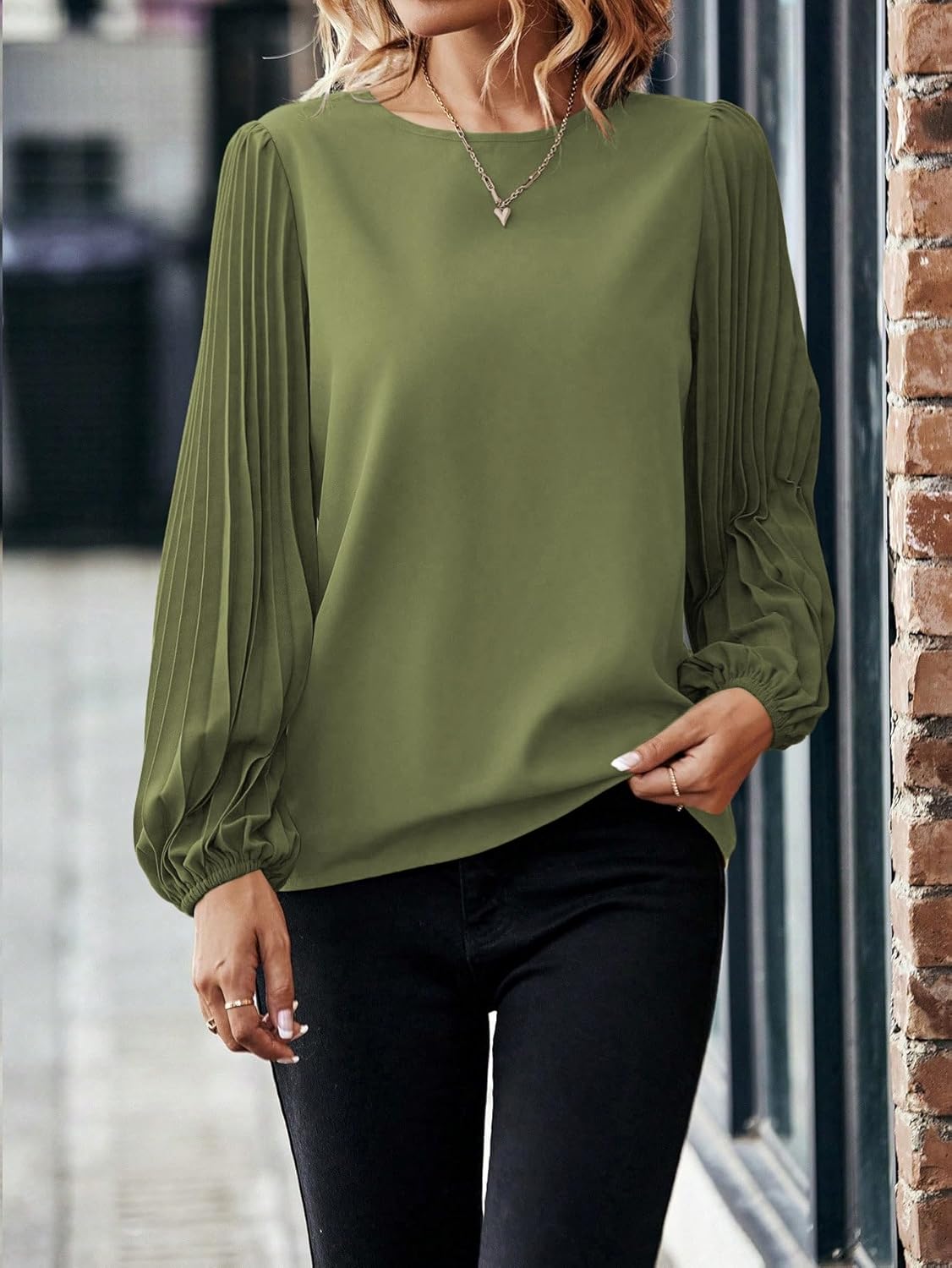 Samefar Womens Pleated Lantern Sleeve Lace Tops Dressy Casual Crewneck Fall Loose Fit Business Work Chiffon Blouses - Image 2