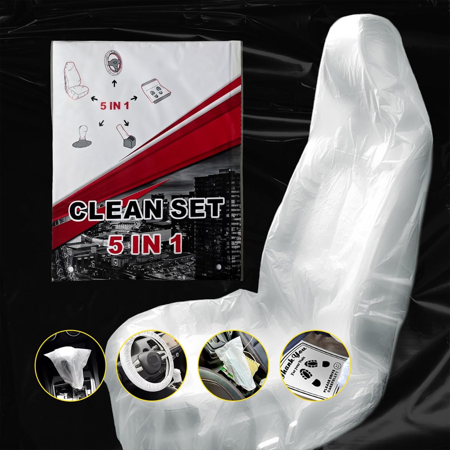 ICWEIMEI 100Pcs Disposable Car Protective Covers Set 5in1 Plastic Car Interior Protector Includes Disposable Seat Cover, Steering Wheel Cover, Handbrake and Gear Shift Cover, Paper Floor Mat - Image 4