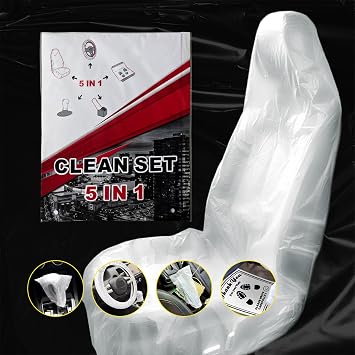 ICWEIMEI 100Pcs Disposable Car Protective Covers Set 5in1 Plastic Car Interior Protector Includes Disposable Seat Cover, Steering Wheel Cover, Handbrake and Gear Shift Cover, Paper Floor Mat