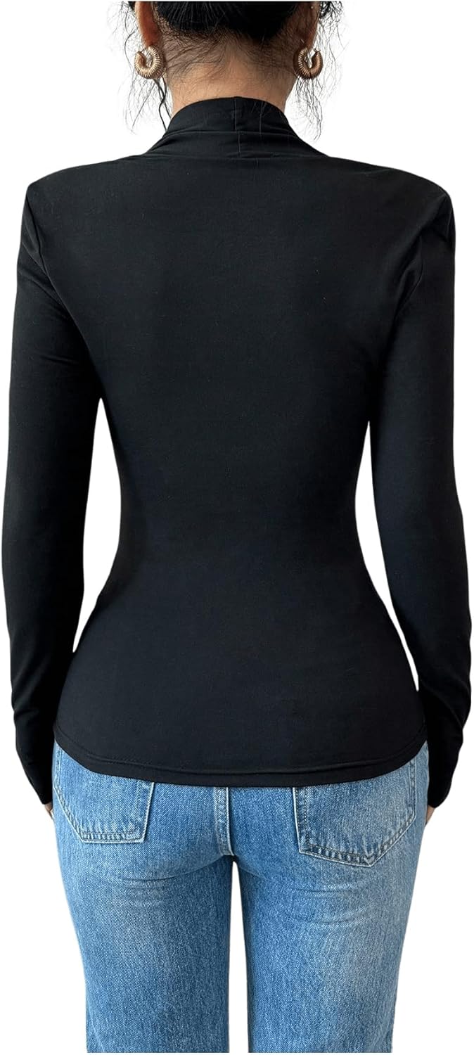 SweatyRocks Women's Stretchy Long Sleeve Basic Tops Slim Fit Ruched Sweetheart Neck T Shirt - Image 2