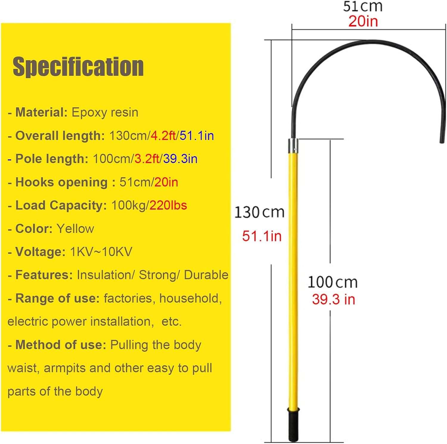 Rescue Hook Portable Emergency Rescue Pole 2 Pack Electrical Safety Rescue Pole, 10 45 110 220 KV High Voltage Emergency Life-Saving Tools for Fire Electrician, Anti-Electrocution Body Pulling Hooks(1