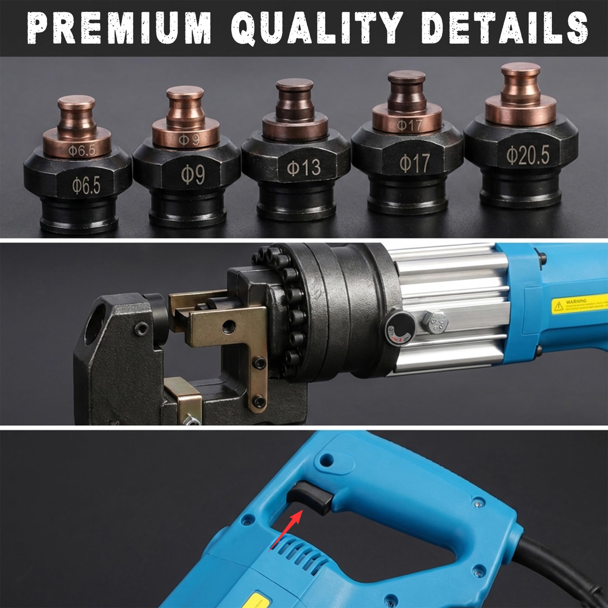 Perforatrice idraulica elettrica da 1600 W, perforatrice per metallo da 1/8 "-5/16" per angolo in acciaio, rame, alluminio, perforatrice elettrica con 5 fustelle e cassetta degli attrezzi