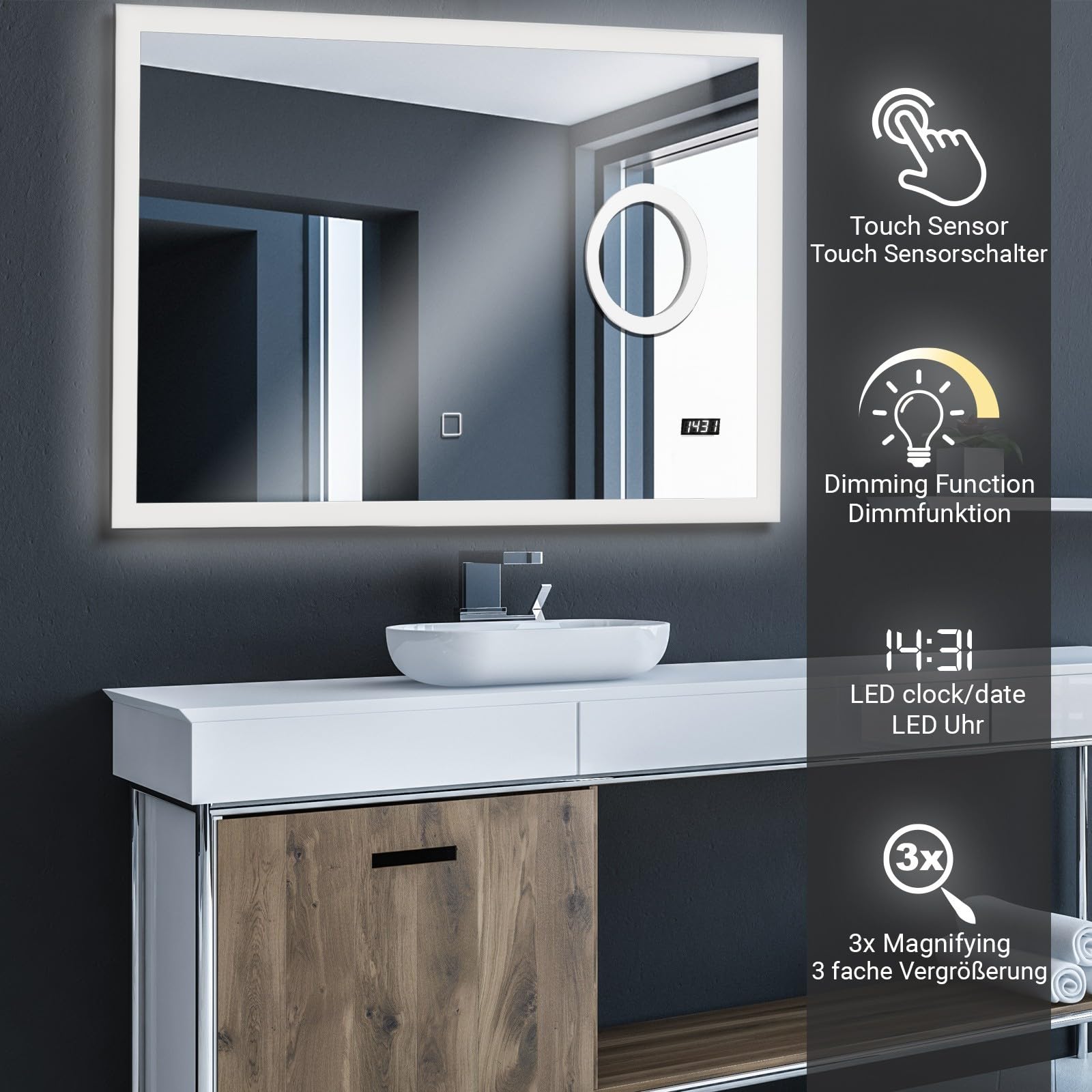 Jago Specchio a LED Rettangolare-CEE: A++, Controllo Tattile, Controluce Bianca Fredda o Calda, Orologio Digitale, Diversi Accessori-Specchio Retroilluminato (Specchio per il trucco, 100x60 cm)