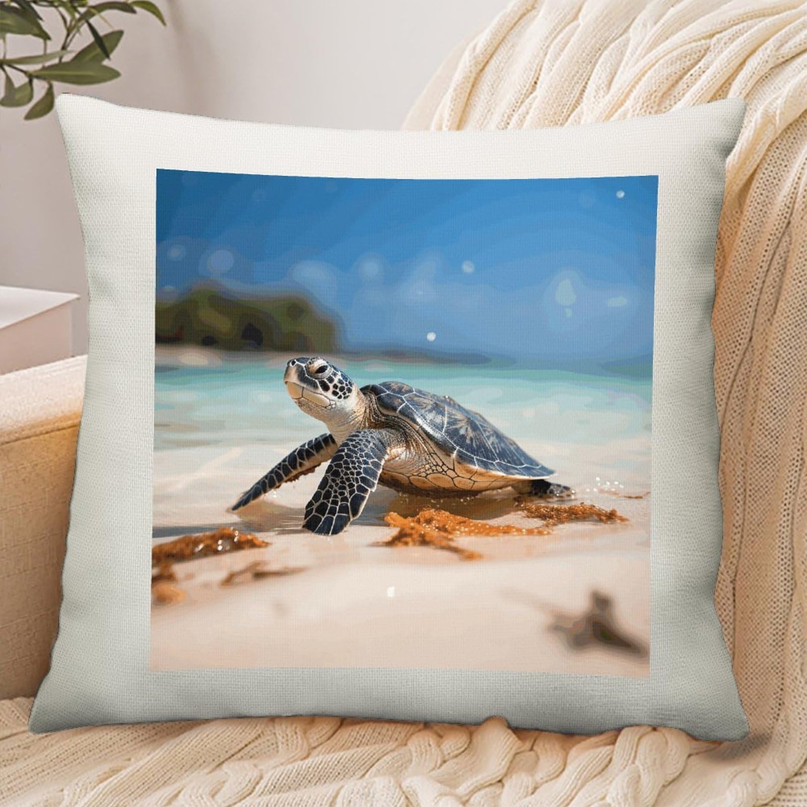 Adfgyerh Style Sea Turtle On The Beach Pillow Cover Breathable,Pillowcases Boho Decorative Envelope Closure,Throw Pillow Covers For Beach,Patio,Balcony,Couch Living Room 18 * 18In