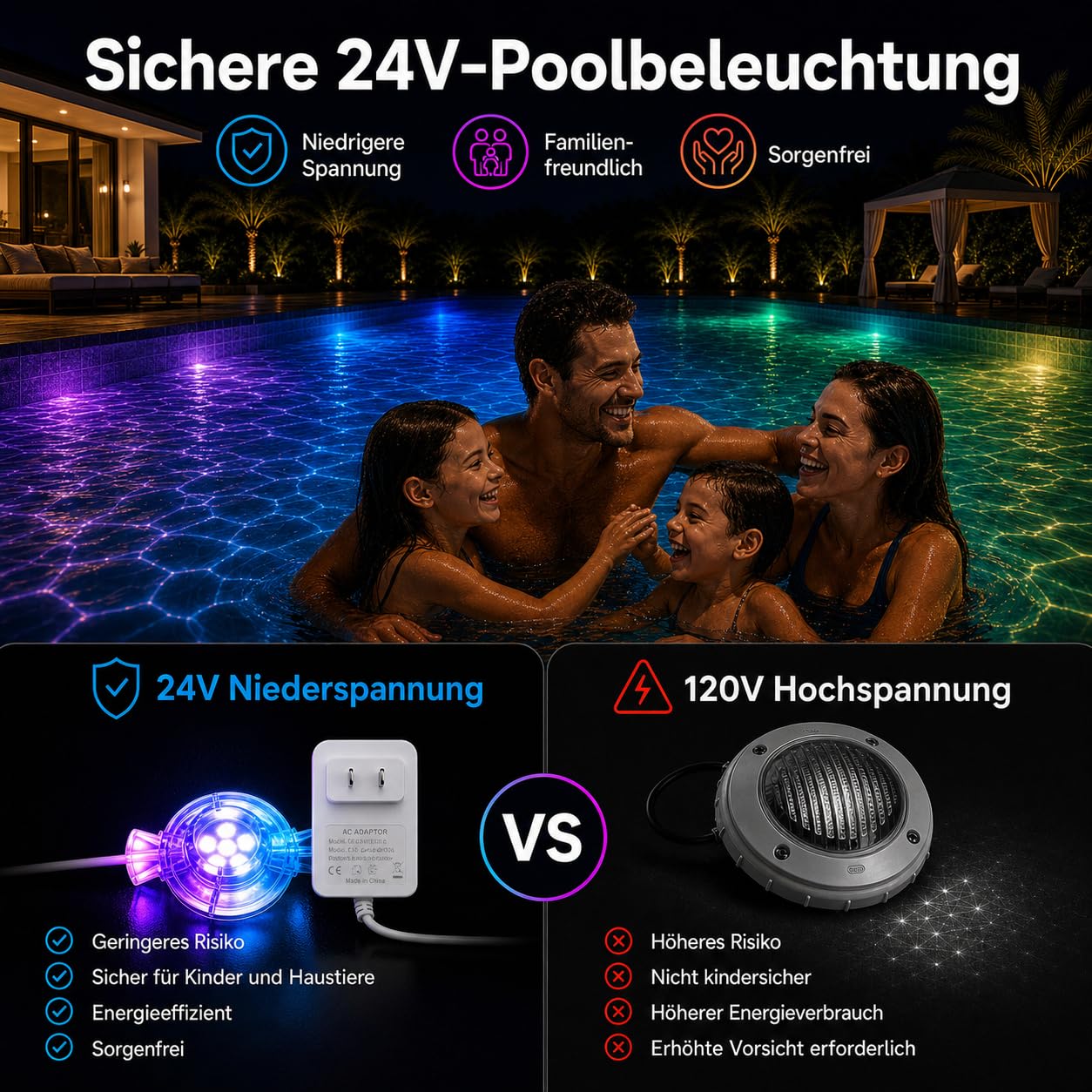 8-in-1 Poolbeleuchtungssystem 15m, 24V IP68 wasserdicht Poollicht ohne Umbau, RGB+IC Dynamische Pool LED, Vollflächige Pool Beleuchtung mit App & Fernbedienung für Einbau- und Aufstellpools