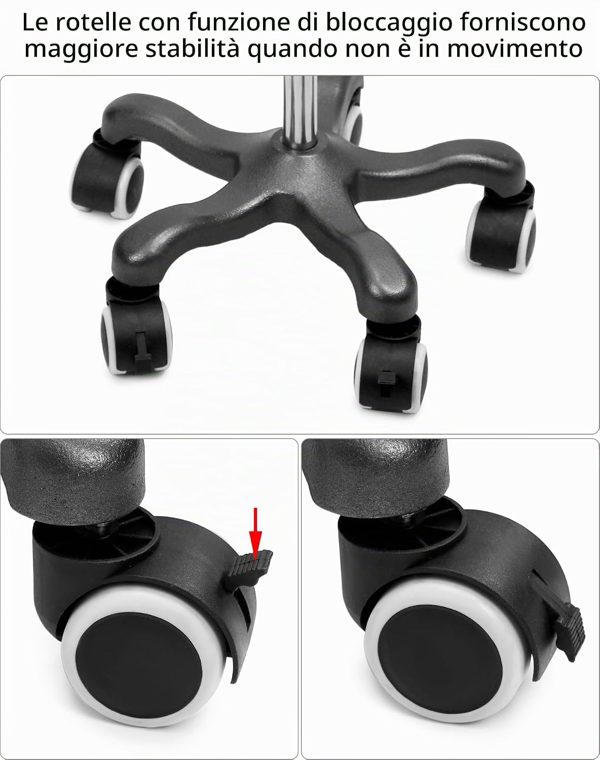 Detail of the infusion stand's wheels, showing the locking mechanism.
