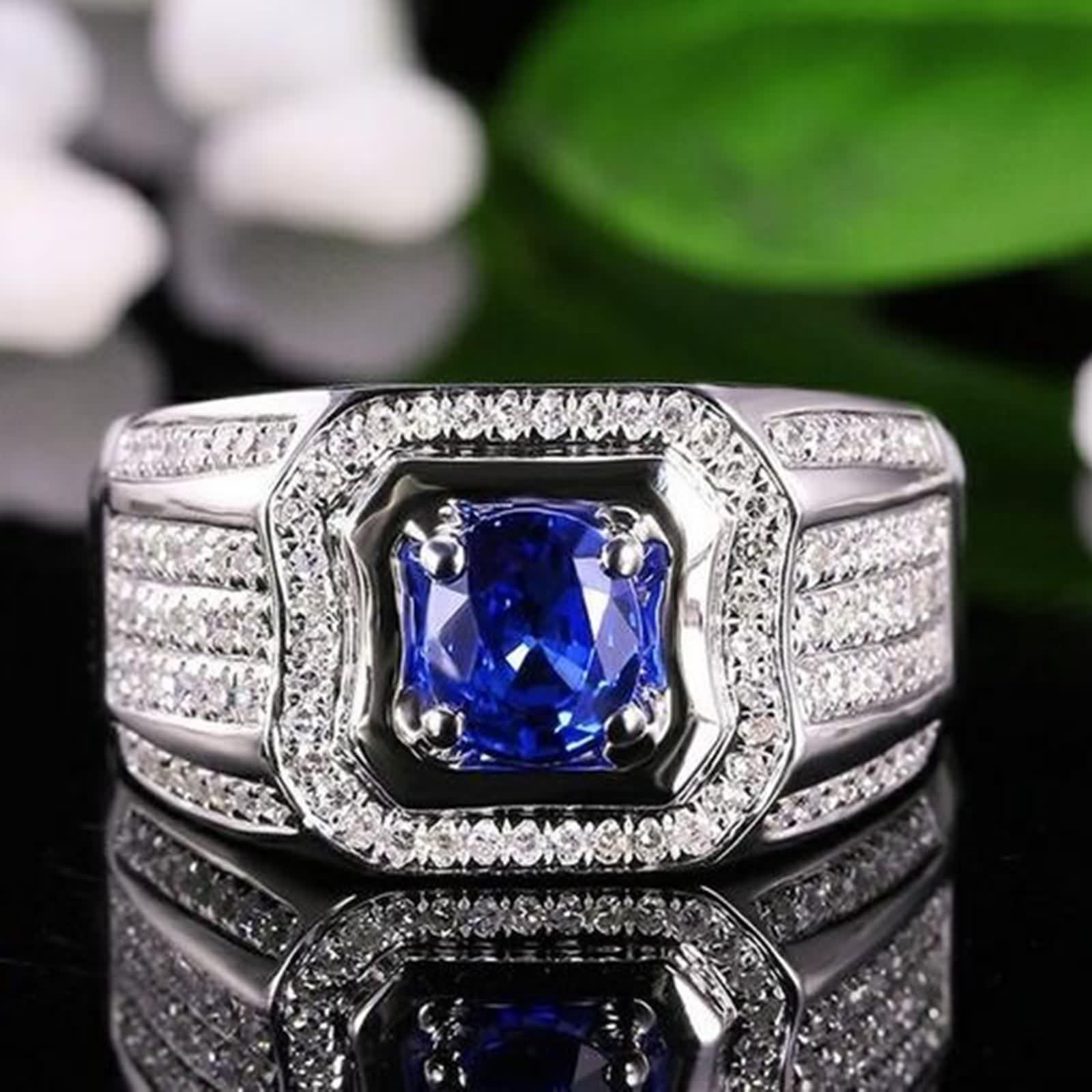 Anillo Hombre Boda, Anillos Oro 18K Hombre Azul 1.23 Kilates Zafiro Creado En Laboratorio Cuadrado Oro Blanco 750 con Moissanita Talla 25