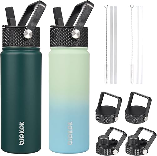 Miniatura 20 de BJPKPK Paquete de 2 botellas de agua aisladas con tapas con pajita, botella de agua de metal de acero inoxidable de 18oz con 6 tapas, jarras a Verde