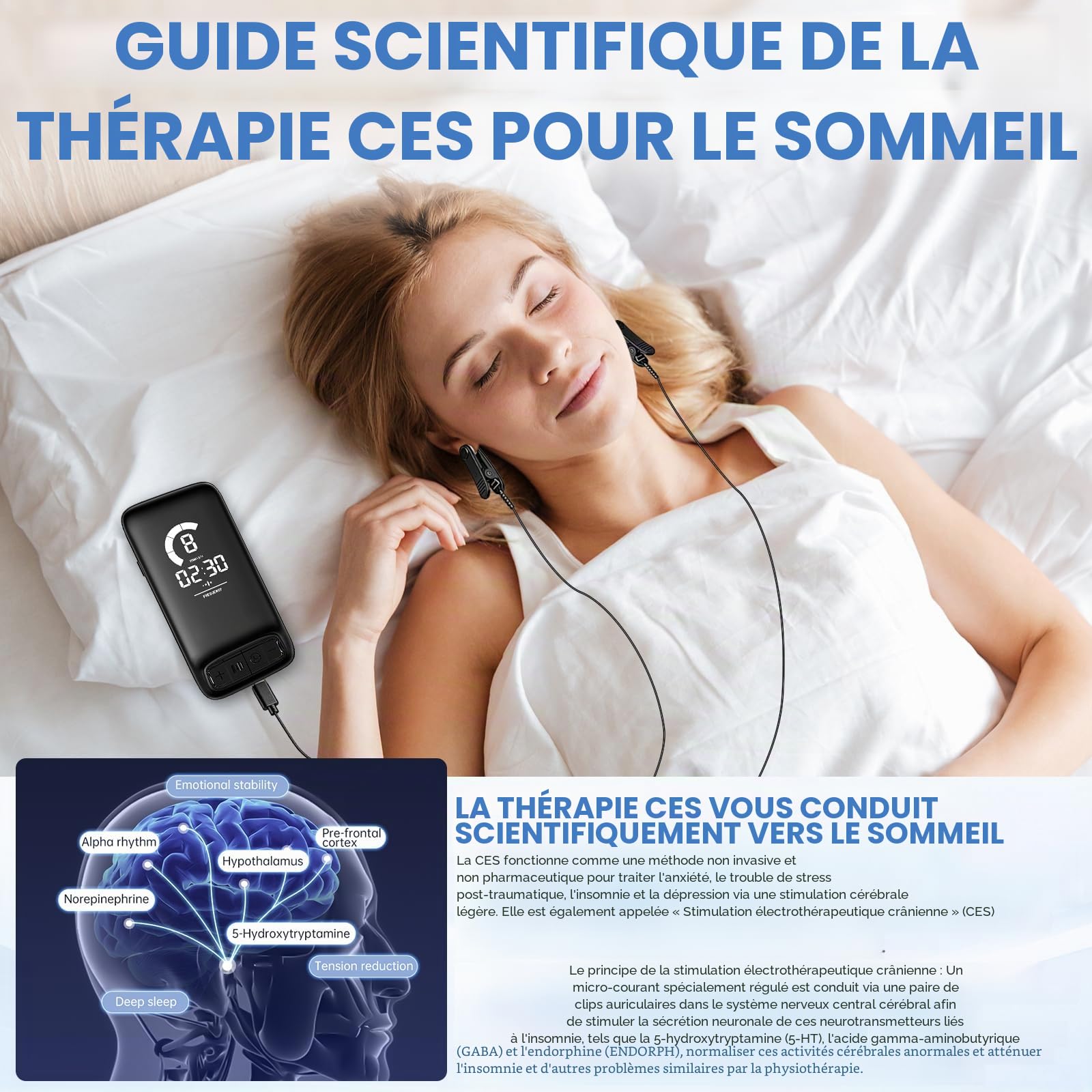 Stimulateur de nerf vague auriculaire, Dispositif d'aide au sommeil avec clip d'oreille, 3 modes et réglage à 9 niveaux, outil de soulagement apaisant, améliore le sommeil profond