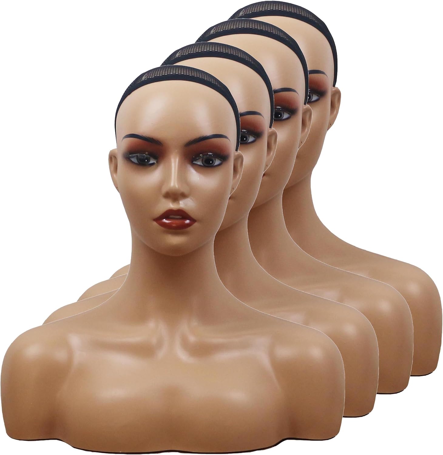 4pcs Realistic Mannequin Head with Shoulders Wig Head with Shoulders Display Stands for Wig Hat Scarf Pendant Sunglasses Earrings (Ligth Brown with Red Lip and Visible Teeth)