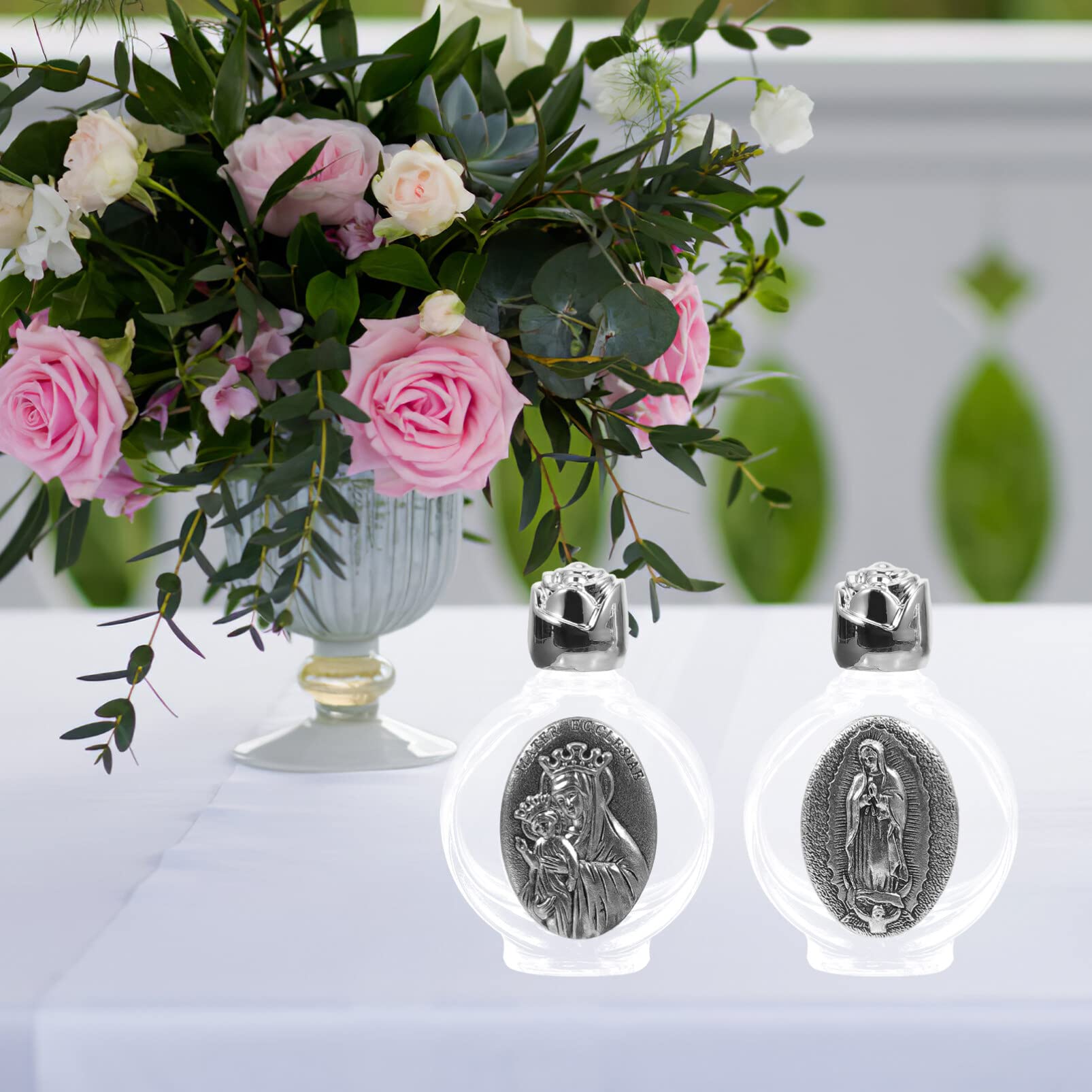 HOMSFOU Embossed Holy Water Bottle Portable Refillable Perfume Bottle 2.8 Inch Alloy Travel Vial for Baptism Church Decoration - Image 3