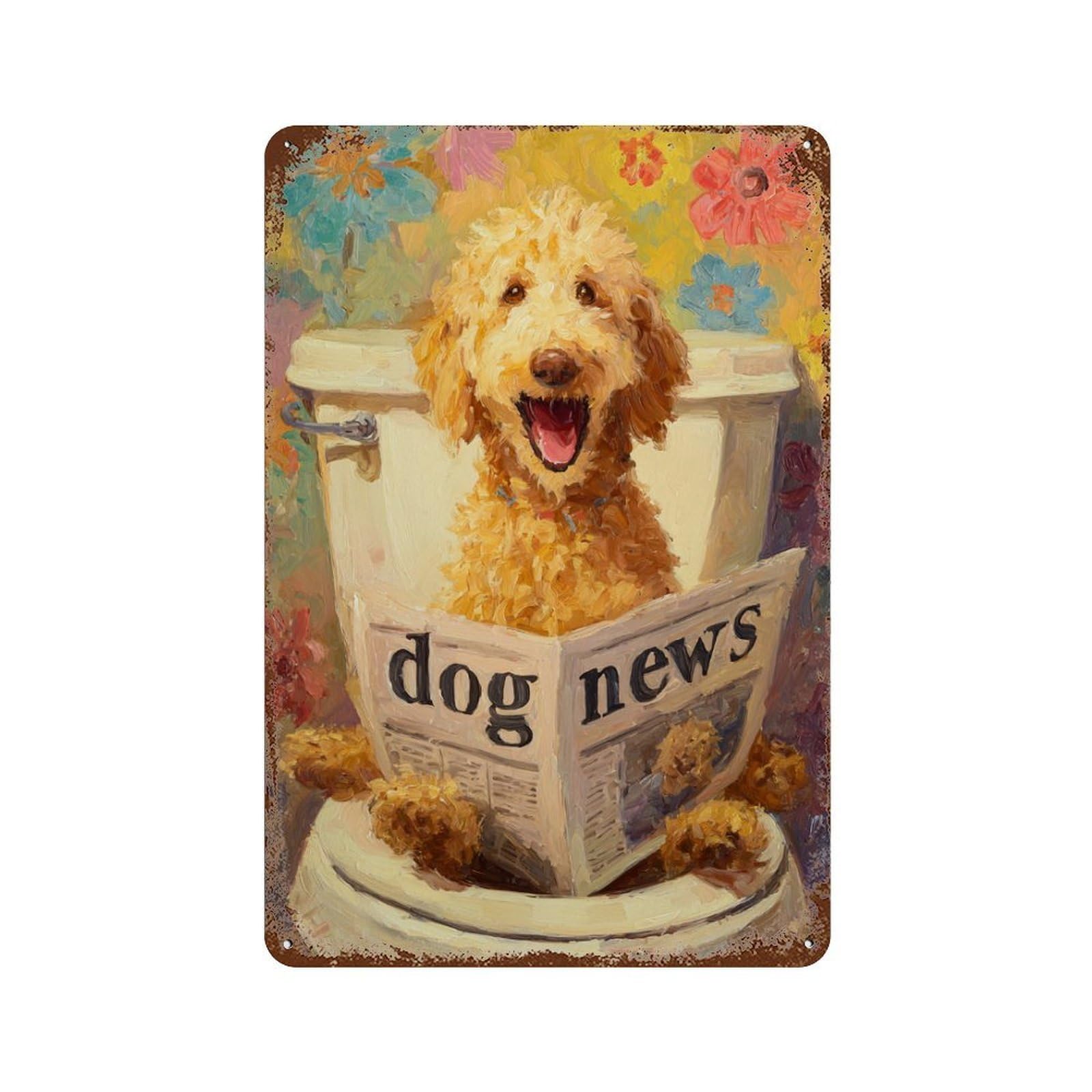 Rusty Metal Tin Sign Fluffy Poodle Reading Dog News 11.8"x7.9", Vintage Wall Decor for Shed, Workshop And Garage Wall Decor