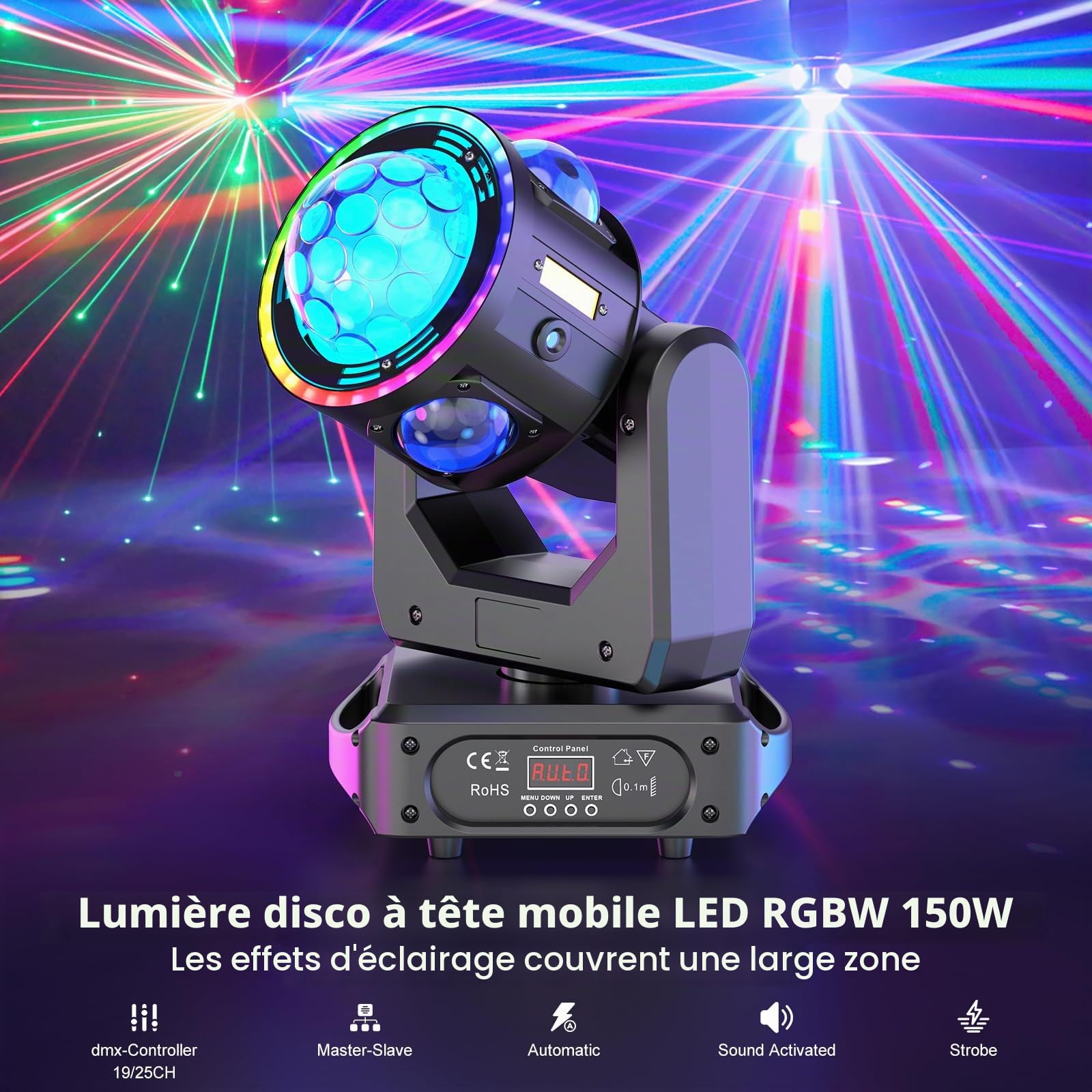 Lyre LED 150W Lumière à tête mobile RGBW Beam Wash Projecteur DMX512 Lumière de Scène Rotation infinie DJ Licht Bühnenlicht pour Party Club Fête Hochzeit Bar Théâtre