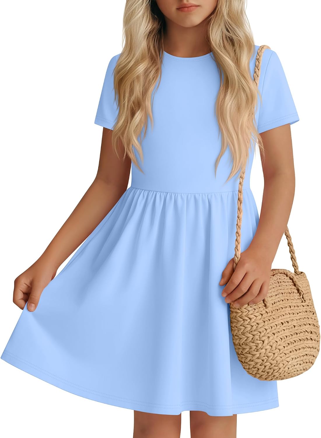 Oakgarden Girls Dress Short Sleeve Skater Twirl A Line Swing Dresses | Summer Dress, Crew Neck, Casual Basic, 5-14 Years, Stylish, Holiday, Party, Birthday