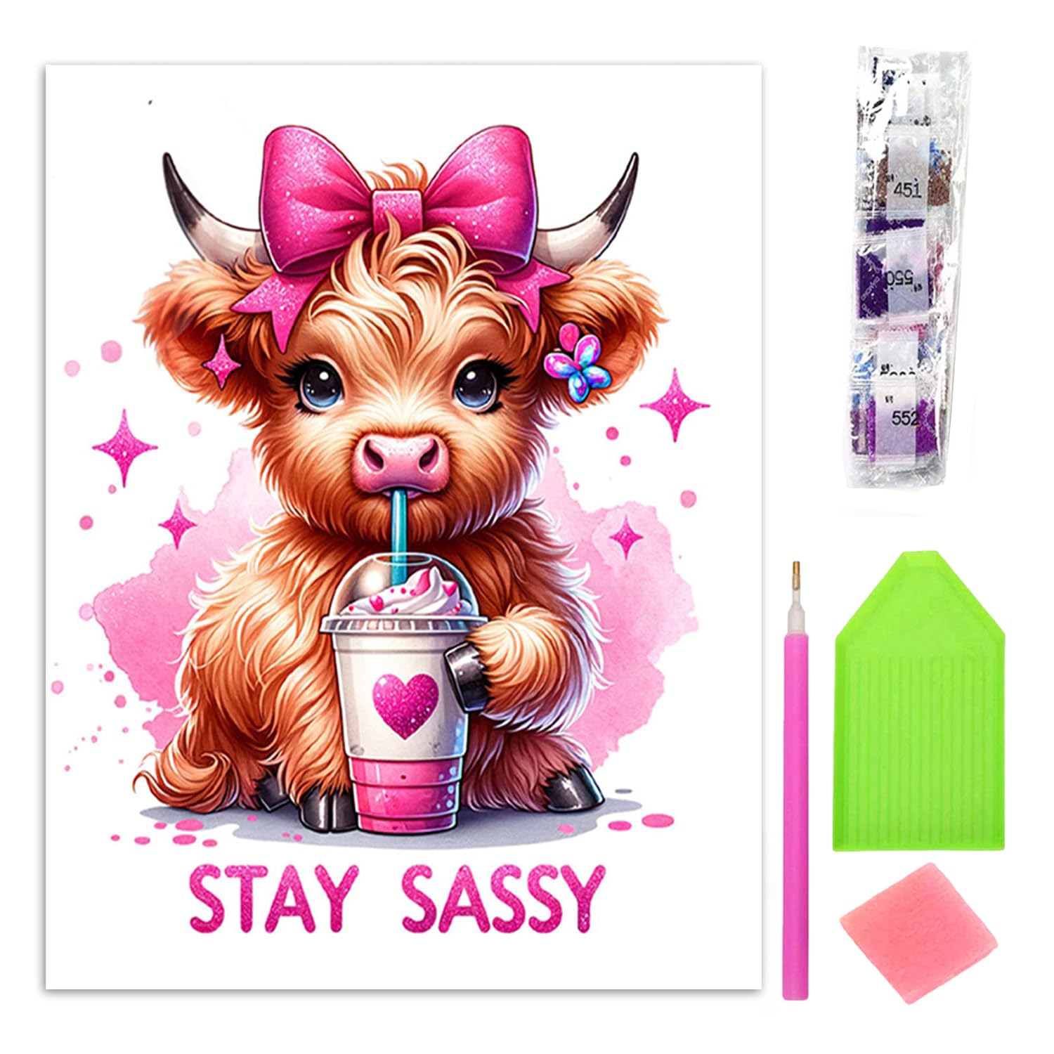 Aurelx Highland Cow Diamond Art, Stay Sassy Gem Art Adults with Tool Bag, Cute Acrylic Diamond Painting Kits for Adults Kids Beginners, Highland Cow Gift for Enthusiasts, Craft Enthusiasts
