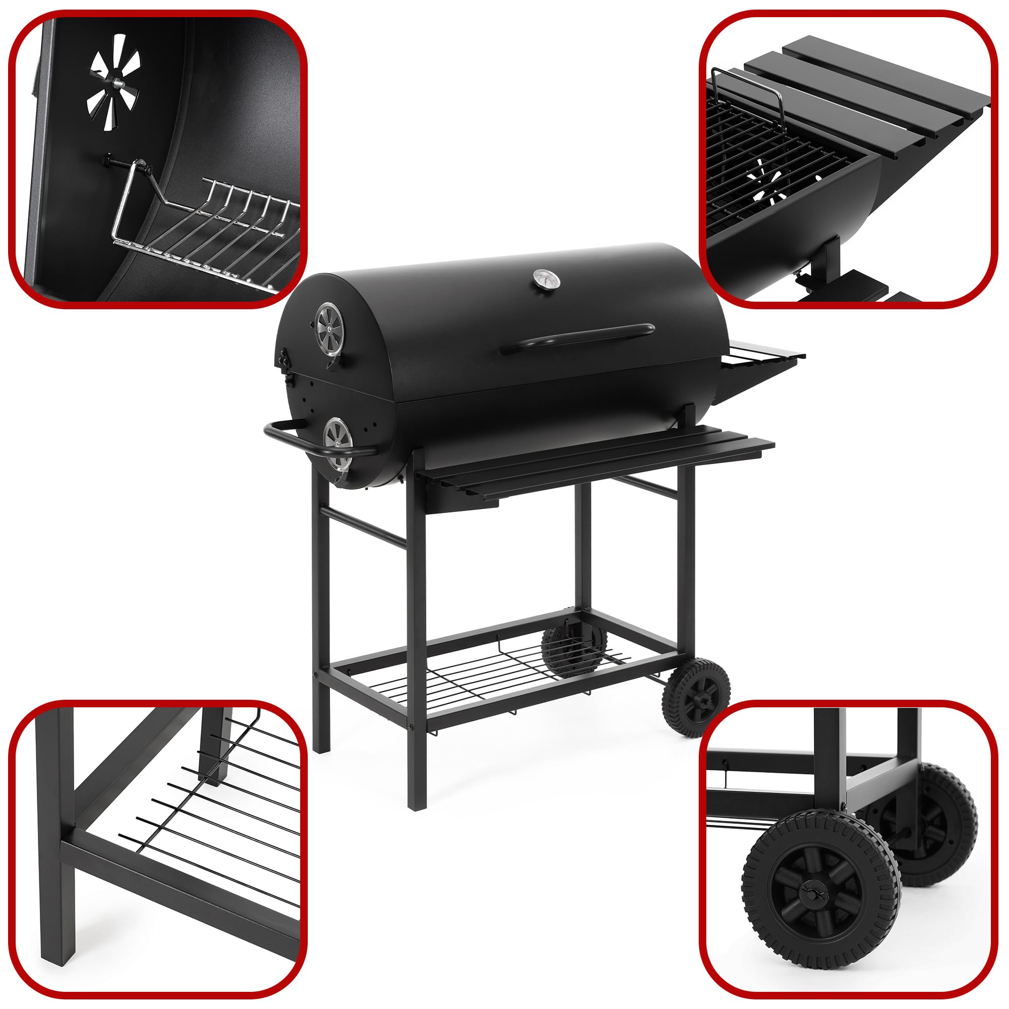 Springos Grill na węgiel drzewny, grill na kółkach z kółkami, z regulacją wysokości, misa węglowa, termometr, ruszt do podgrzewania, półki boczne, BBQ Smoker, grill ogrodowy na taras, kemping, balkon