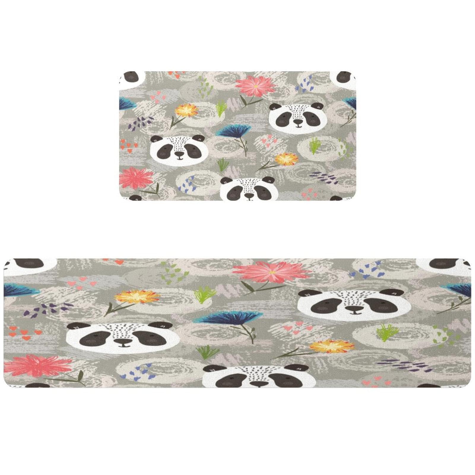 Alfombrillas de cocina para pasillo y cuarto de lavado lavables con osos pandas y flores