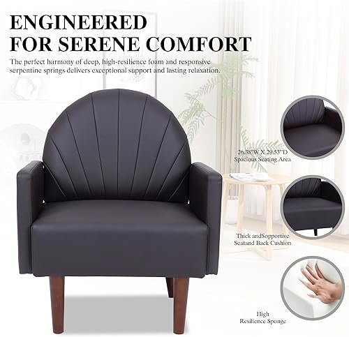 Miniatura 4 de Leather Accent Chair, Mid Century Modern PU Leather High Back Armchair for Living Room, Chairs with Solid Wood Legs for Small Spaces, Bedroom Office