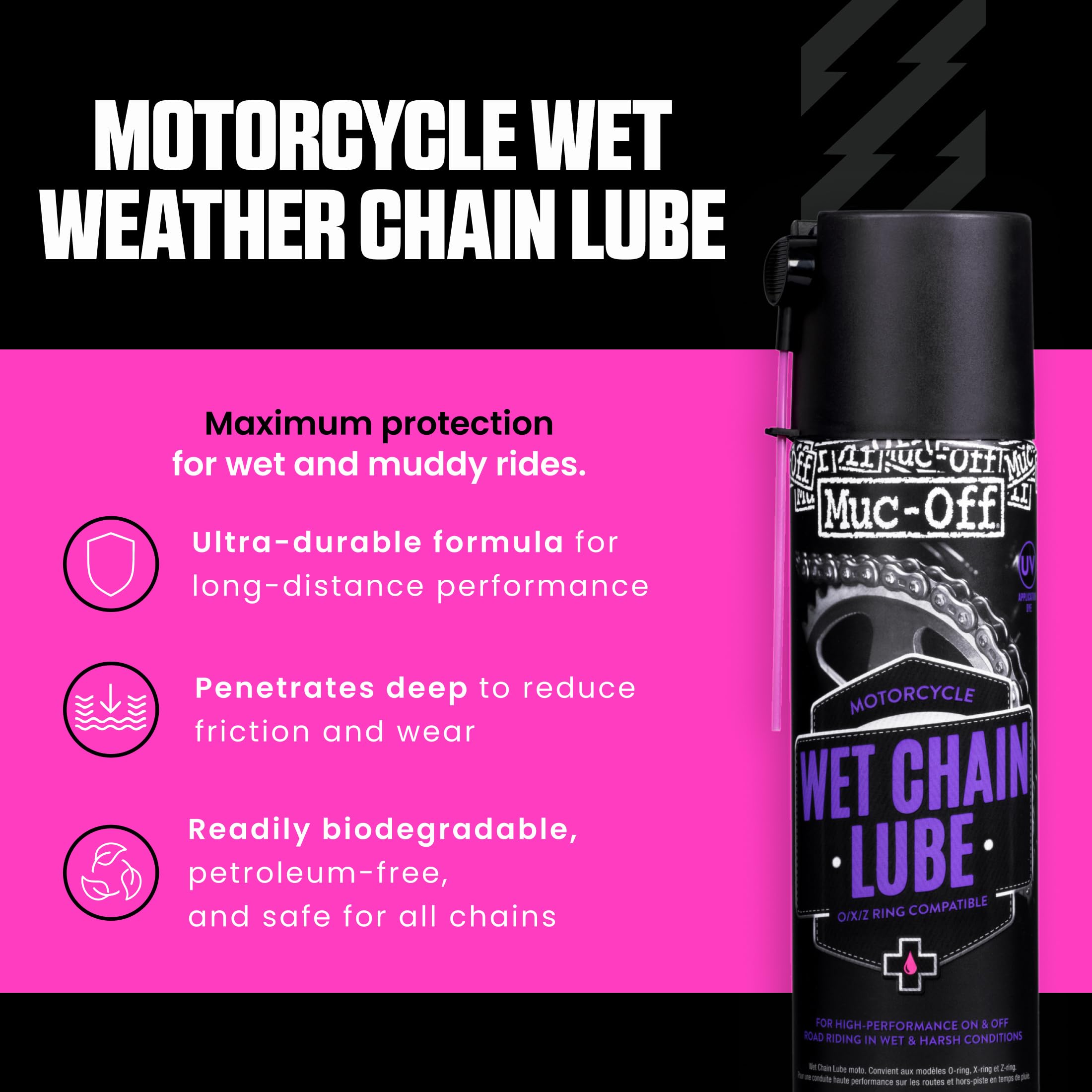 Muc-Off Wet Motorcycle Chain Lube, 400 ml - Grasso Catena Moto Spray di Alta Qualità - Lubrificante Catena Moto Formulato per Condizioni Atmosferiche Umide