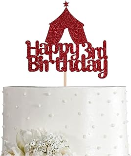 Circus 3 Cake Topper, Red Glitter Tent Happy 3rd Birthday Party Decoration