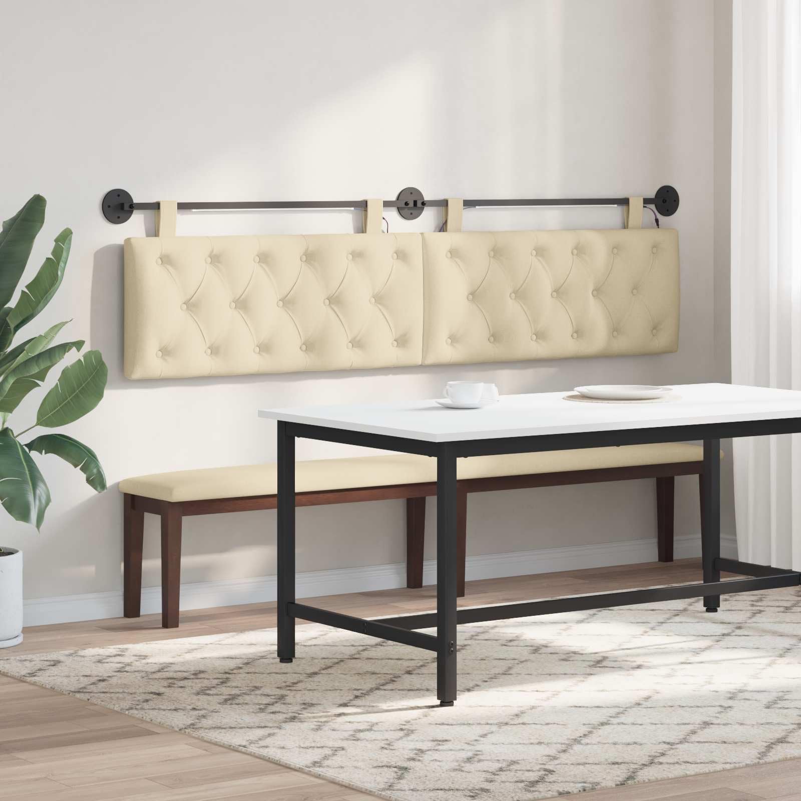 Wiszący zagłówek z oświetleniem LED, kremowy materiał, 210 x 55 x 7 cm, montaż ścienny z drewnianą ramą i metalowymi akcesoriami, uniwersalny panel ścienny do sypialni, salonu
