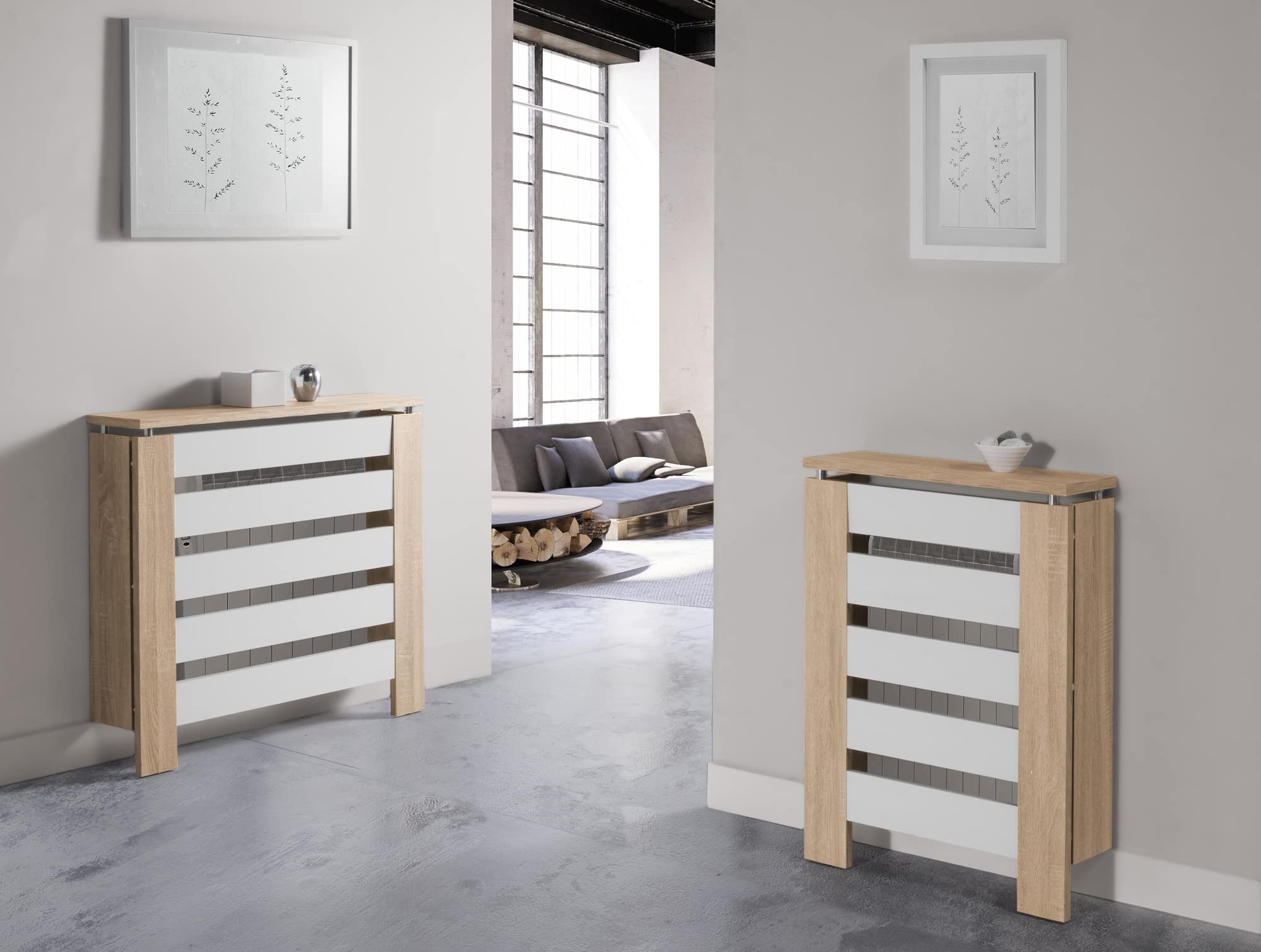 D&J Muebles Kit Cubre Radiador Roble y Blanco Moderno Hércules 90cm | Mueble Decorativo con Listones | Oculta Radiador con Fácil Montaje | (60cm - 90cm - 120cm) 90x83,5x19,5