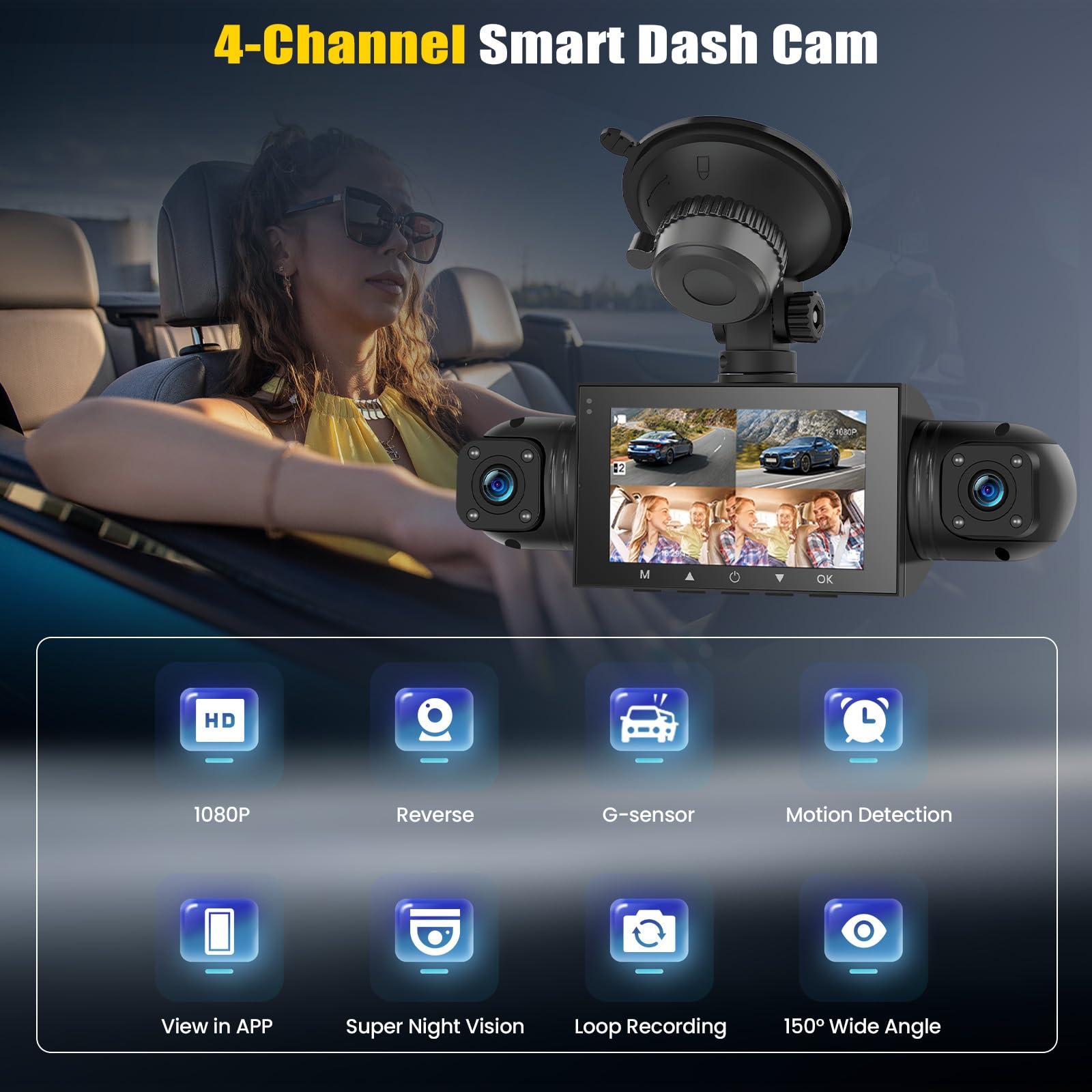 4 Canali 360° Dash Cam Auto con APP, Telecamera per Auto da 3 Pollici 1080P con Visione Notturna IR, Video in Loop, G-Sensore, Ausilio al parcheggio