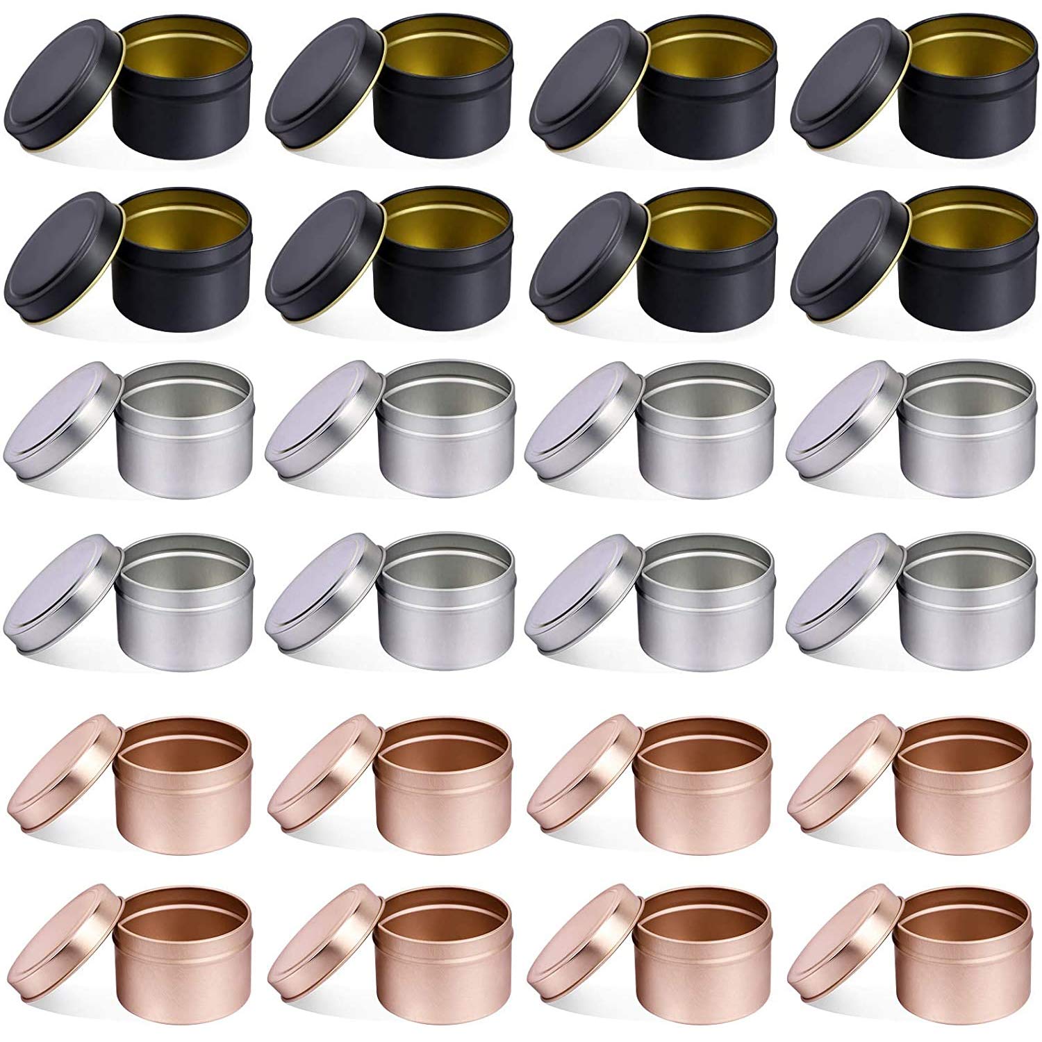 24 PCS 5 OZ Candle Making Containers, Decorative Round Metal Candle Tins Bulk, Reusable Candle Jars for DIY Candle Making, Arts Crafts Supplies, Dry Storage, Party Favor(5OZ,8Black+8Silver+8RoseGold)