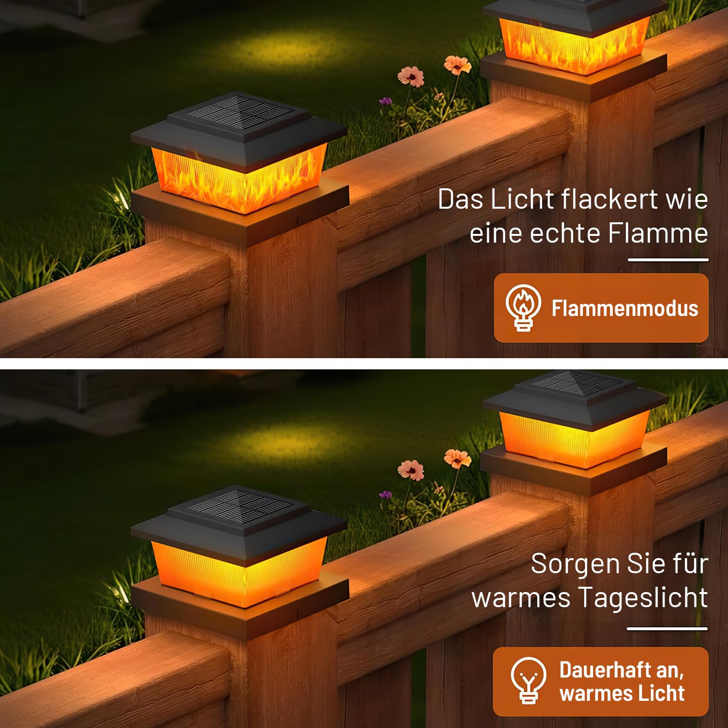 Gresonic Solar Pfostenkappe 10x10 Flackernde Flamme Warmweiß IP65 Wasserdicht 8 Stück