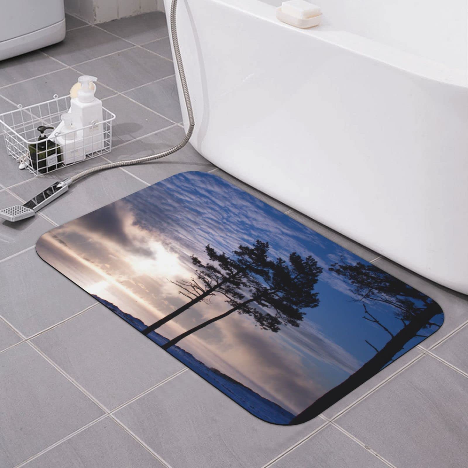Tapis de bain lavable 40x60 cm antidérapant avec motif branches au crépuscule