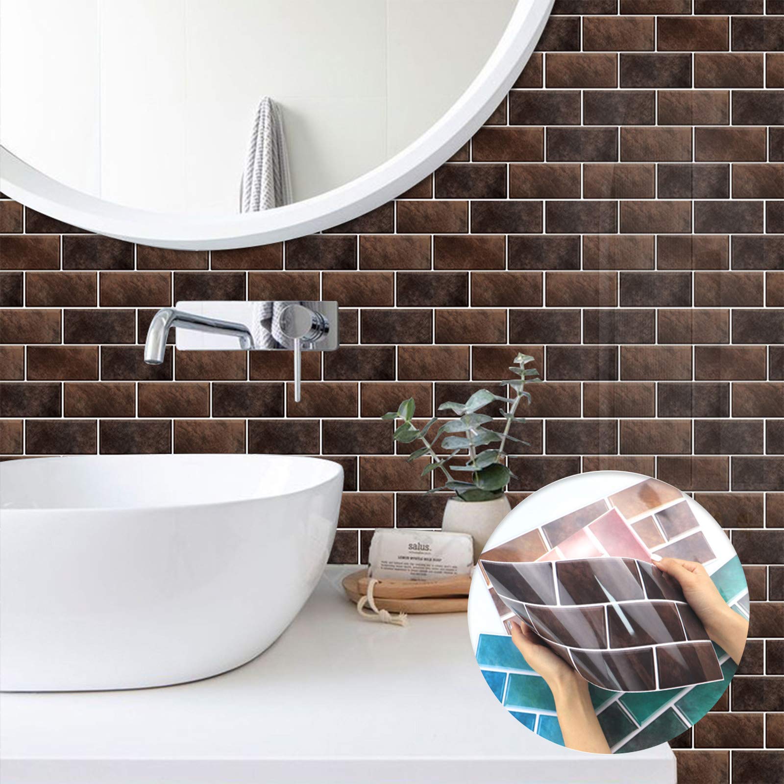 Amtrak 12 Sheets 30x15cm Tile Wall Sticker Glossy 3D Sticker Backsplash Decoration Stick for Kitchen Bathroom PVC Waterproof Oil Proof DIY Self Adhesive Wall Stickers Home Decor (Dark Brown)