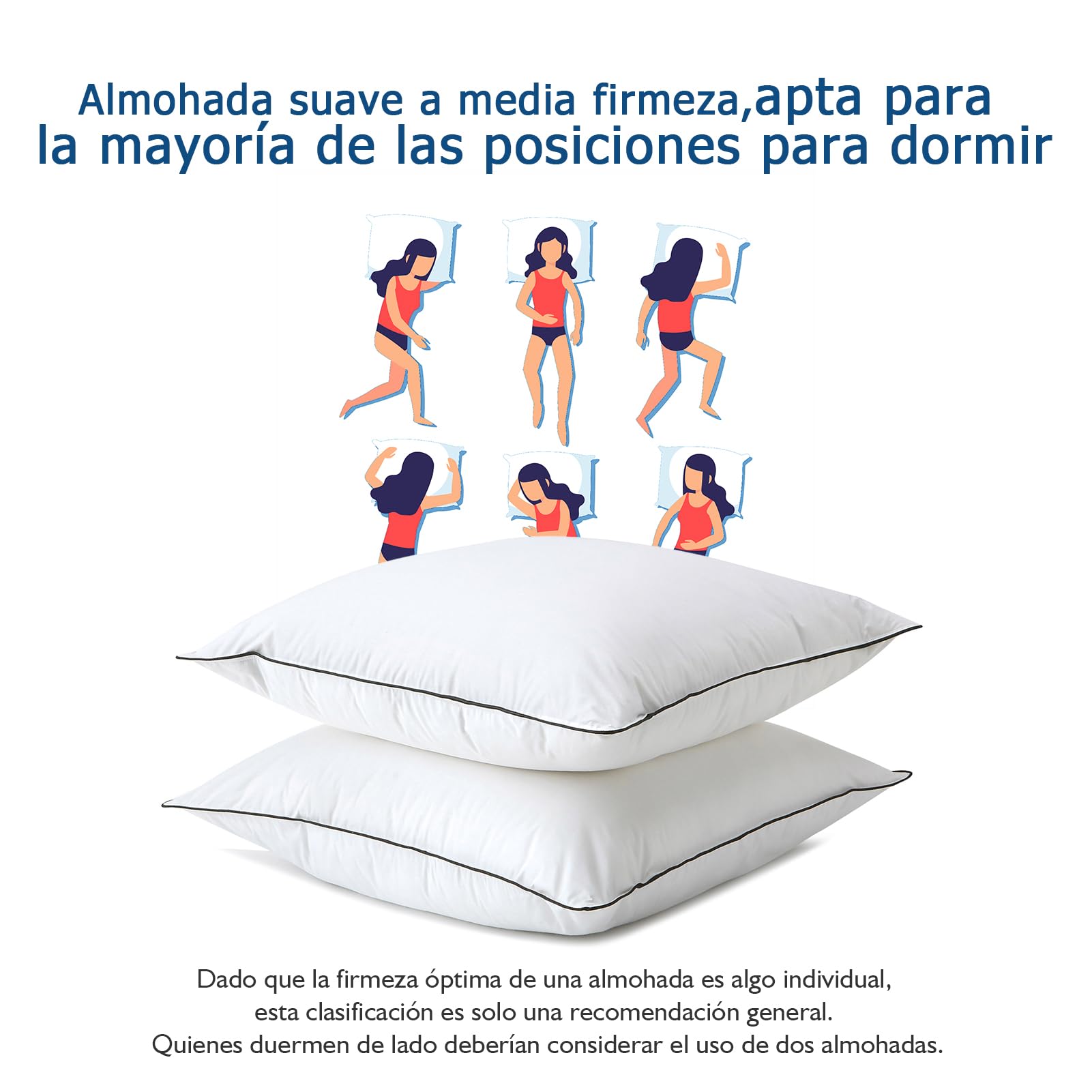 Dafinner 3 cámaras Almohada 50 × 75 cm-2 Unidades, 90% plumón cámaras ext. | Mezcla plumas int. |Oeko-TEX Downpass | Soporte medio | Funda algodón orgánico