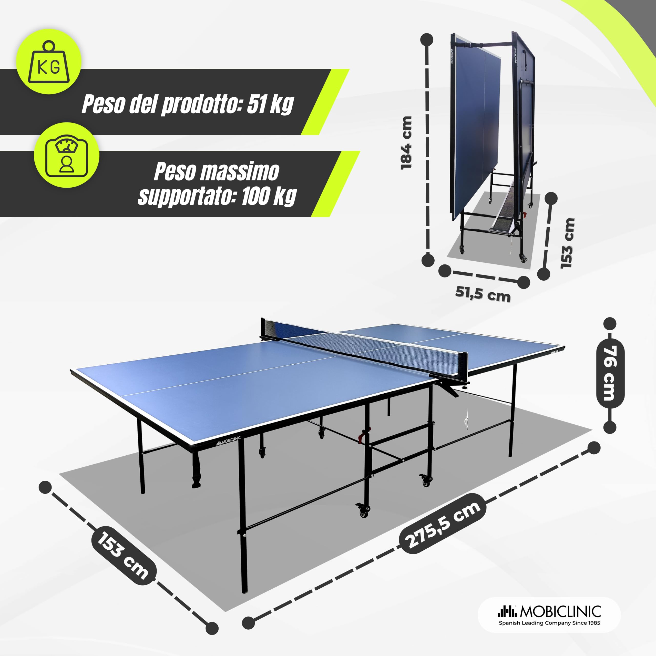 Mobiclinic®, Tavolo Da Ping-Pong Professionale Pieghevole, 274x152’5x76 cm, Include Rete e Custodia Protettiva, 2 Racchette, 3 Palline, Tokyo, Ruote Bloccabili a 360º, Maniglie Per il Trasporto