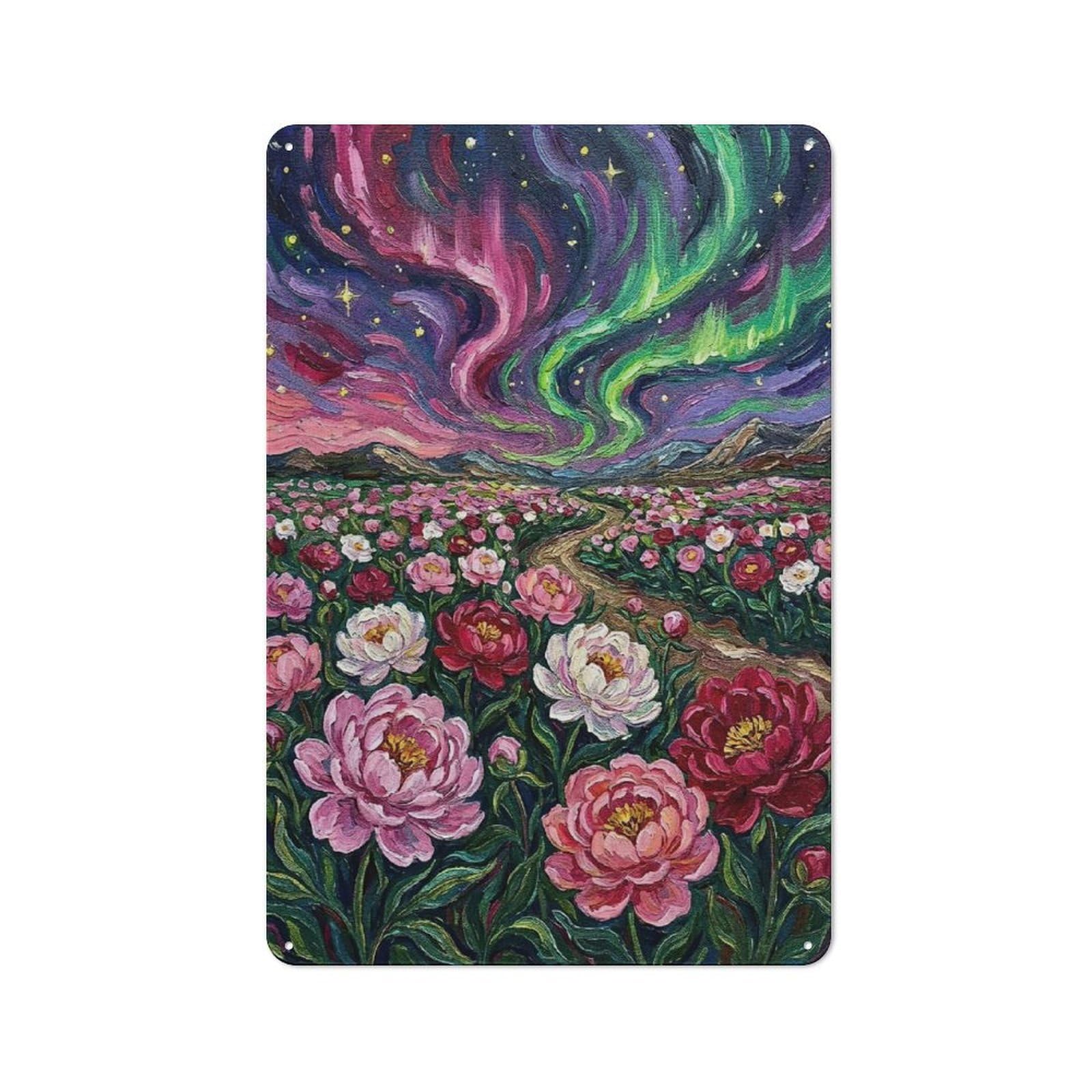 Aurora Borealis over Peony Field Painting Retro Metal Wall Decor 30x20cm, Tin Wall Sign for Coffee Bar, Small Shop Or Dining Room