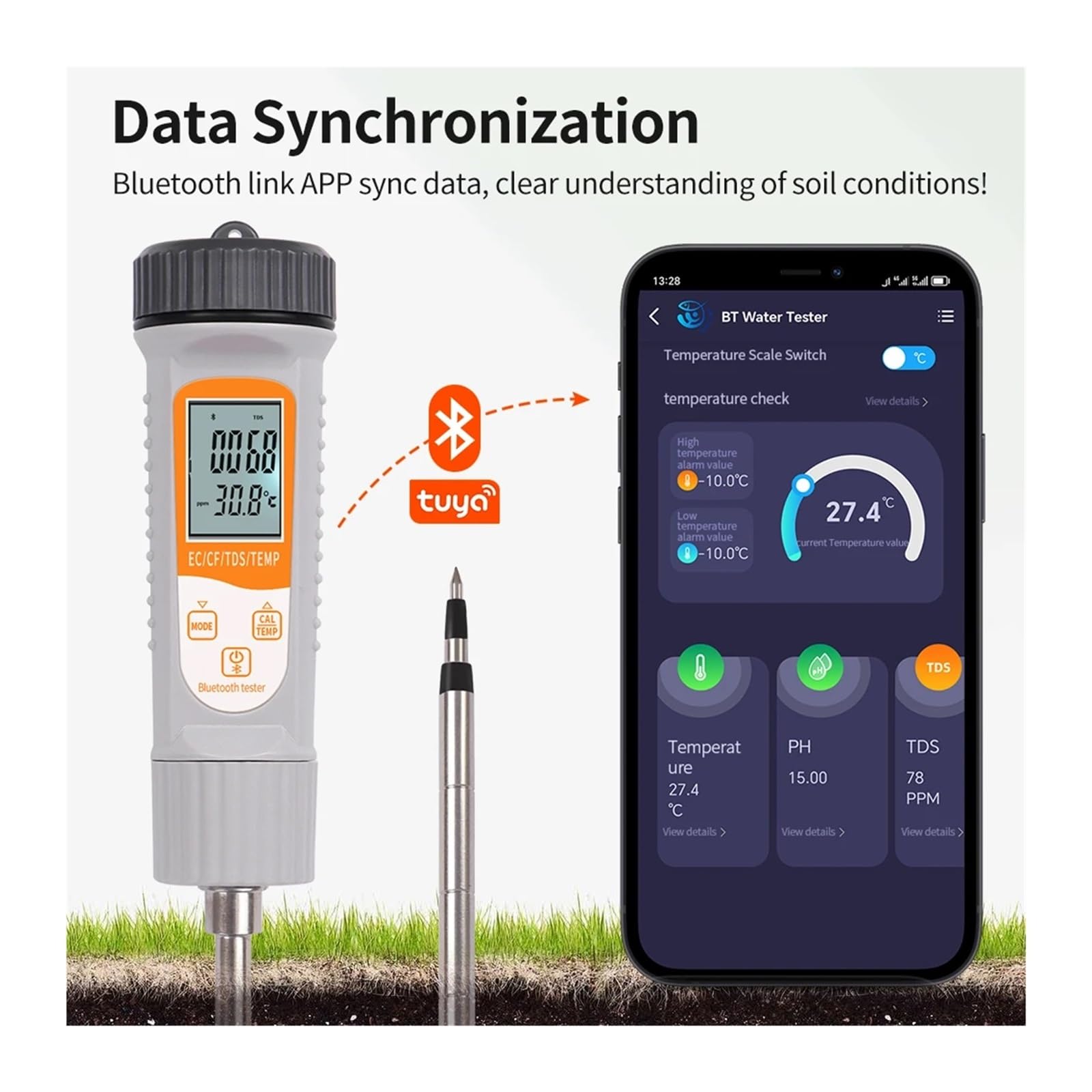 Misuratore di conducibilità Bluetooth 4 in 1 for terreno EC TDS CF, rilevatore temperatura, controllo APP intellinte ad alta precisione for giardinaggio e agricoltura Giardinaggio, Agricoltura