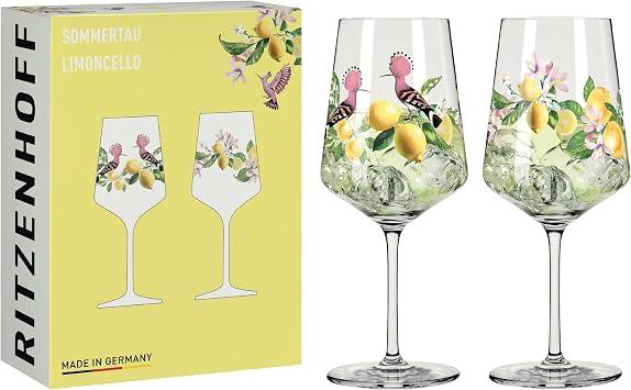 RITZENHOFF 6041005 Aperitif Glass 500 ml Set of 2 Summer Dew Series for Splashes, spritzers, Lemon Motif, Made in Germany, Yellow, Green, Pink