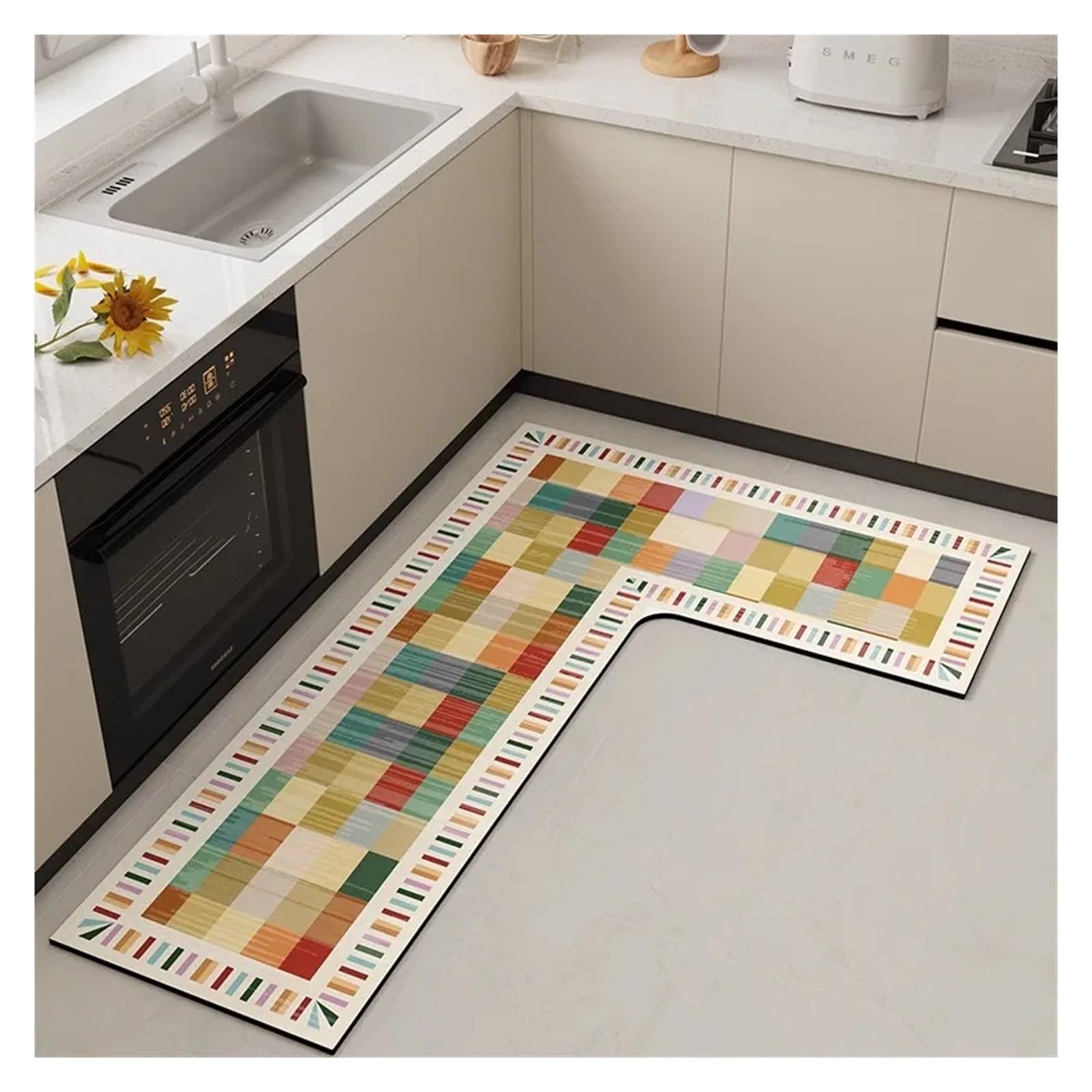 Tappeto Cucina Tappetino da cucina a forma di L, antiscivolo, in PVC, impermeabile, antiolio e, in pelle(Color-01,90x135x45cm)