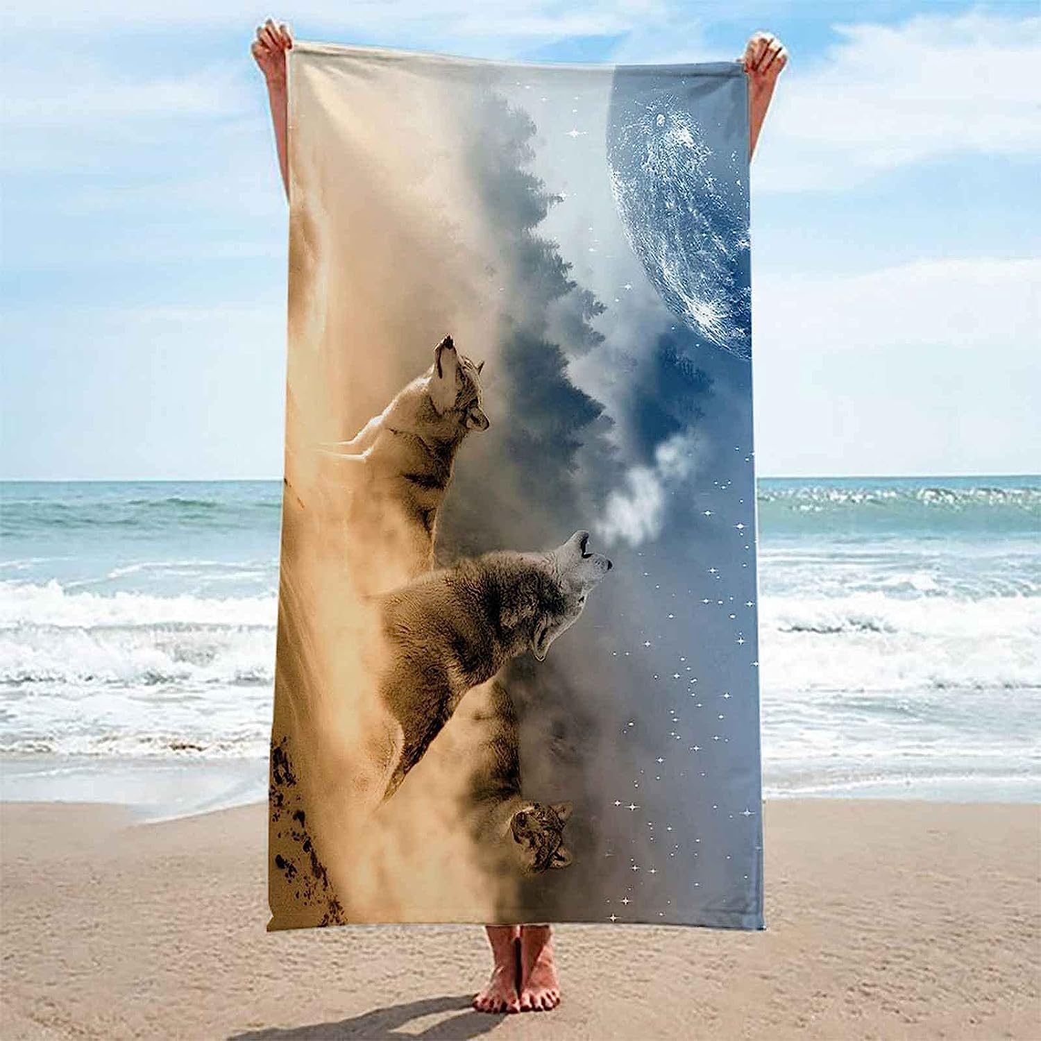 Telo Mare, Microfibra Asciugamano Da Spiaggia, Teli Mare Che Ulula Di Notte, Asciugatura Rapida Antisabbia Adulti Teli Mare Per Nuoto Campeggio 3D Telo Mare 200 X 200 Cm -5A7D-M1I