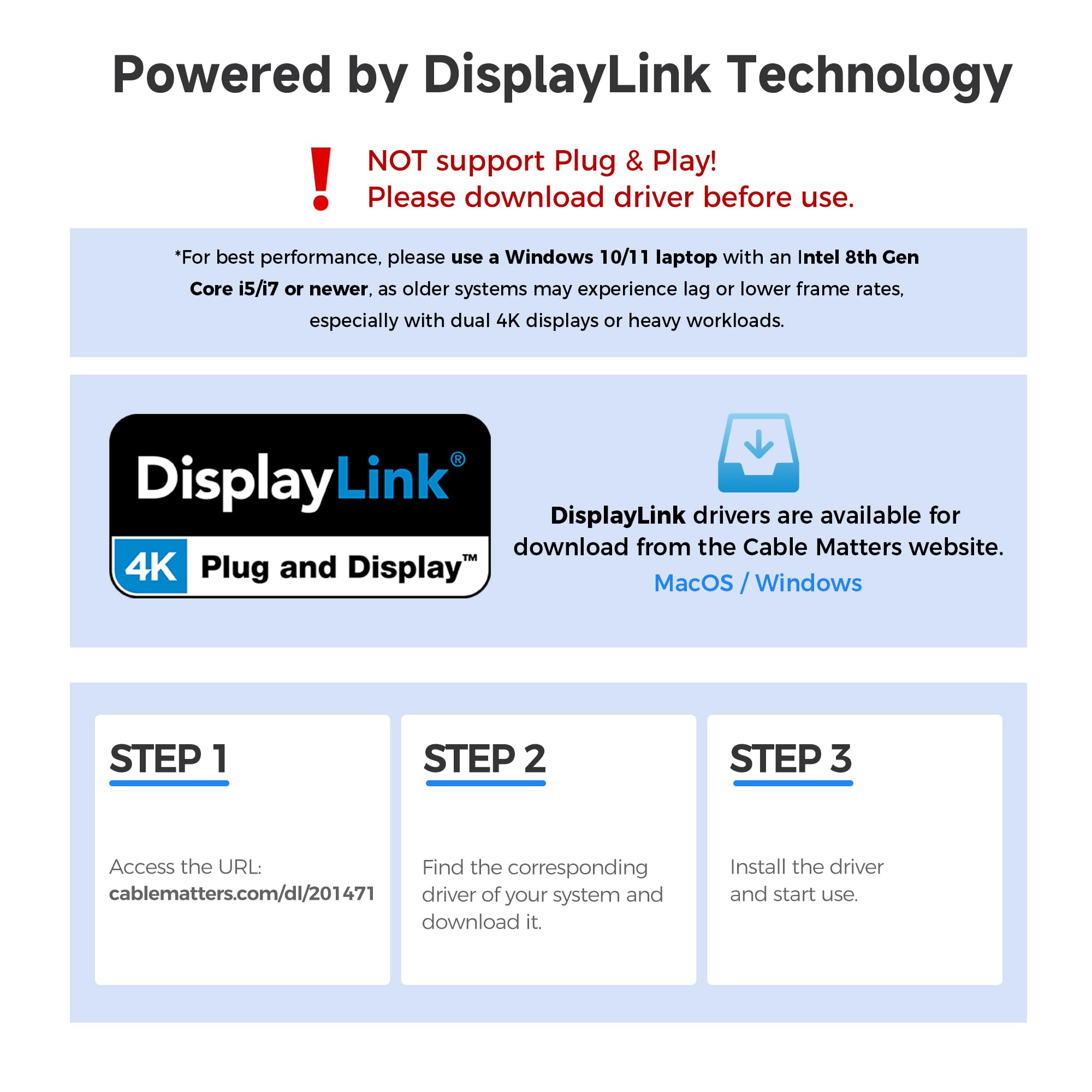[Certificado DisplayLink] Adaptador Cable Matters USB C a HDMI dual | 2 x 4K a 60Hz, requiere controlador para macOS y Windows, para dos monitores extendidos en Mac M1/M2/M3/M4