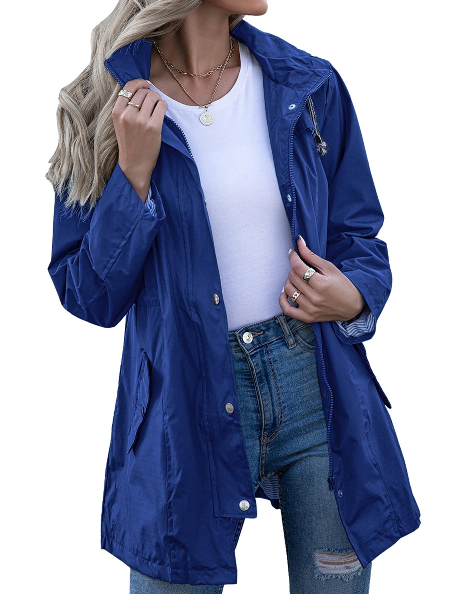 KikibellRain Jacket Women Striped Lined Hooded Lightweight Raincoat Outdoor Waterproof Windbreaker