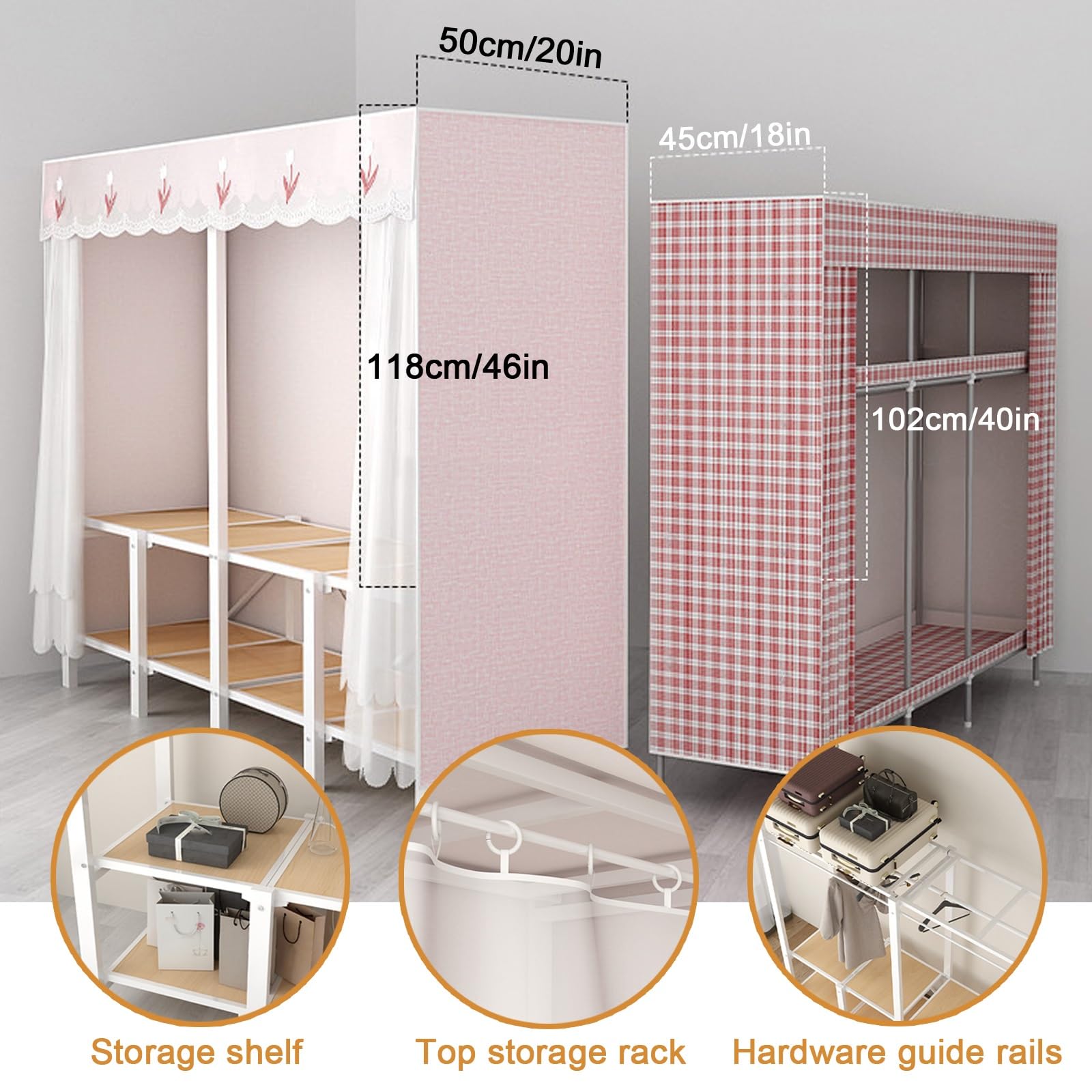 Tragbarer Stoff Kleiderschrank, Faltschrank mit Abdeckung, 500 kg Tragfähigkeit, Stoffschrank mit Regalen, für Modulare Kleiderschranksysteme(130cm/51in)