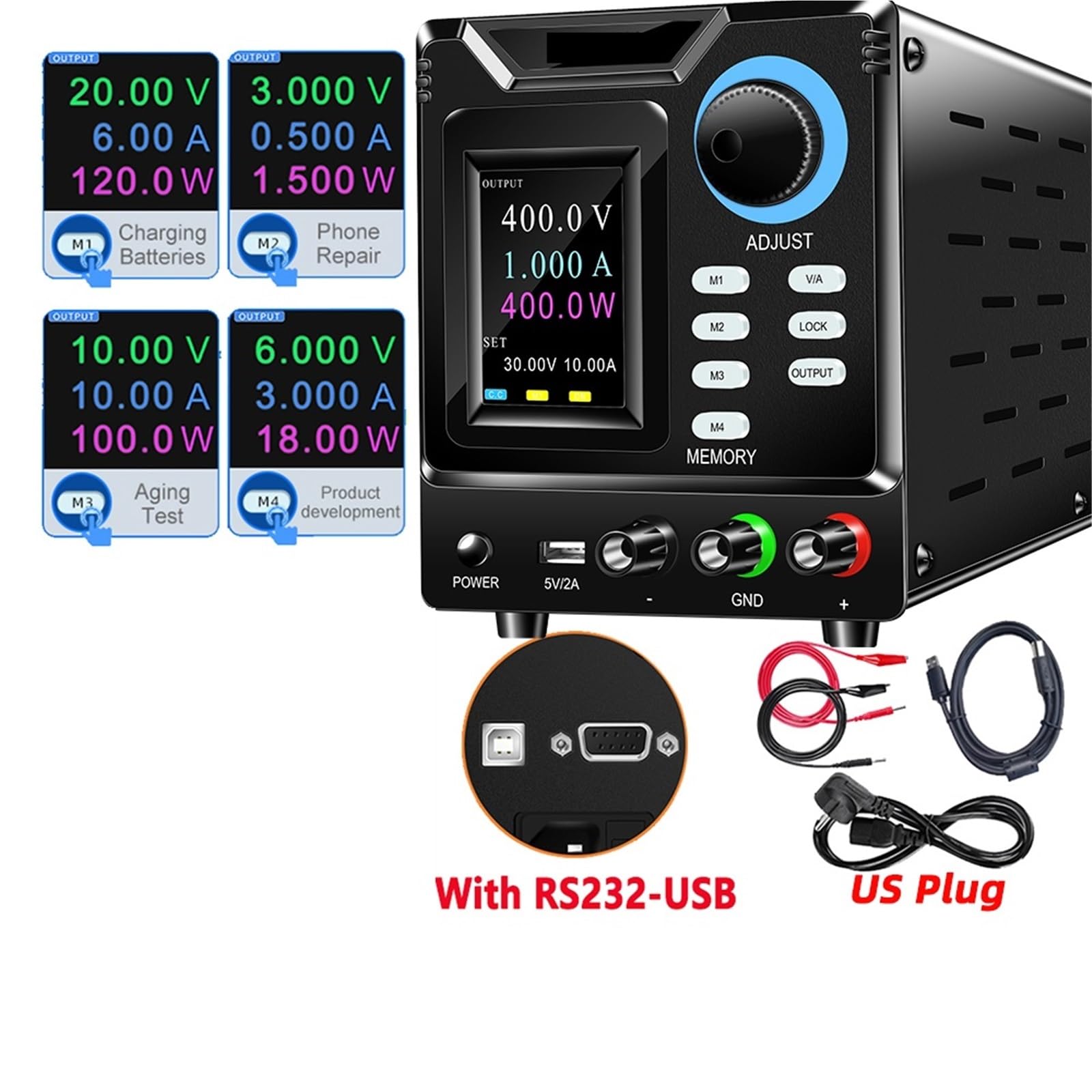 Regulowany programowalny zasilacz sieciowy 400 V 1A 30 V 10 A z interfejsem RS-232, automatyczna kontrola napięcia zasilania (400 V 1 A RS232)