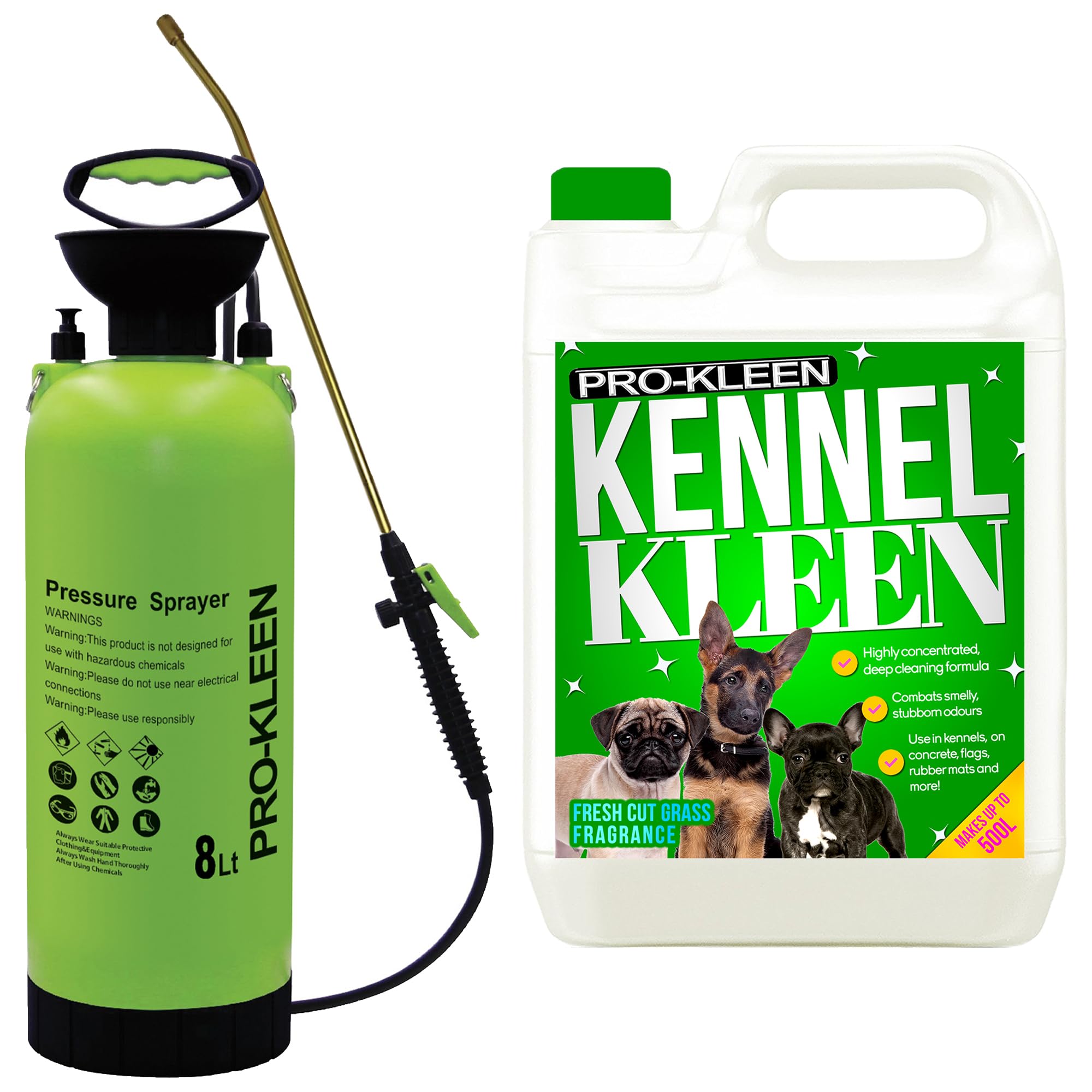 Pro-Kleen Kennel Disinfectant, Cleaner 5L With 8L Pump Pressure Sprayer, Sanitiser & Deodorise - Catteries, Hutches, Aviaries, Patios, Artificial Grass (Fresh Cut Grass)