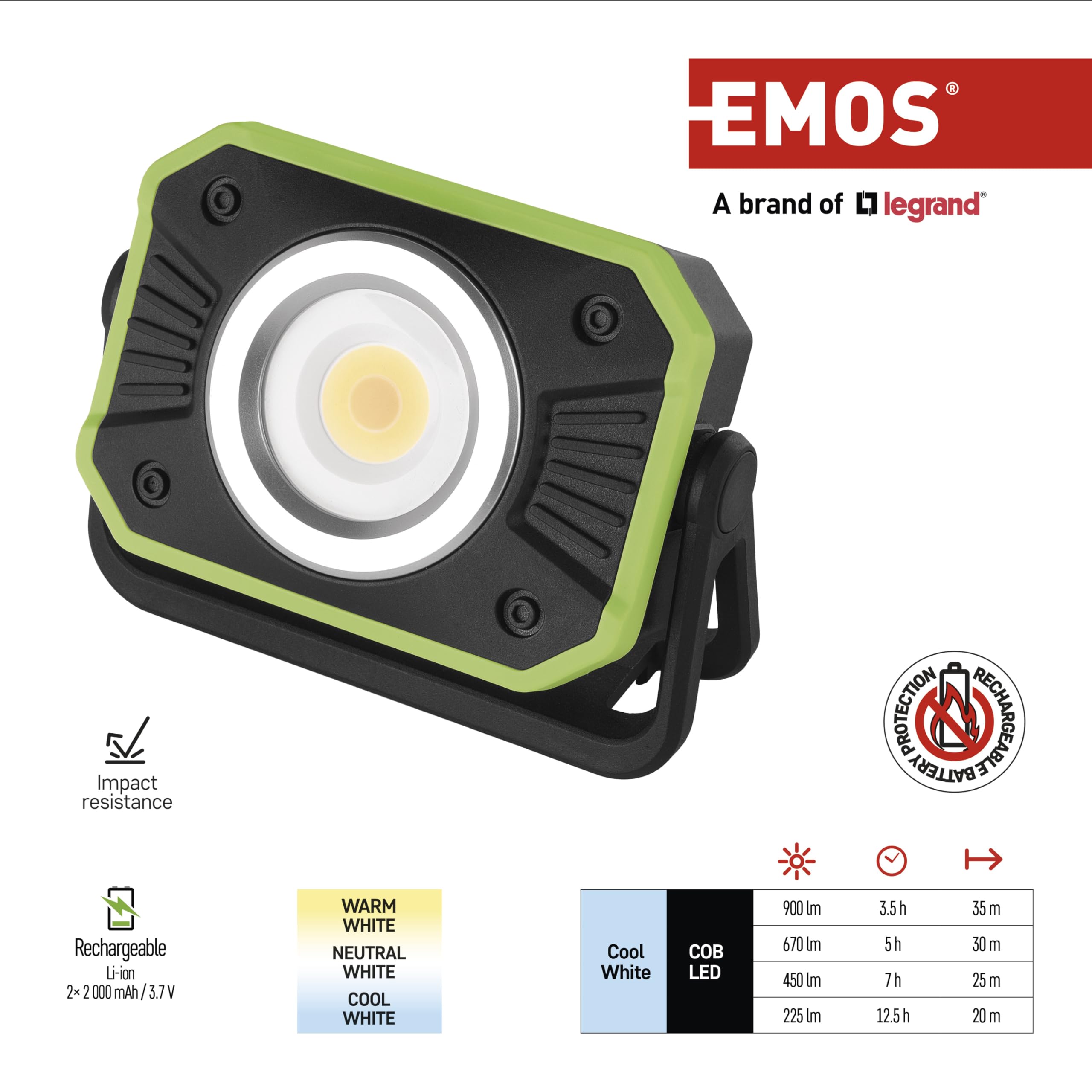 EMOS Mini foco LED recargable de camping con 16 modos y banco de energía, cambio de color de la luz, brillo máximo 900 lm, alcance de 35 m, batería de 4400 mAh con hasta 12,5 h de duración, incluye