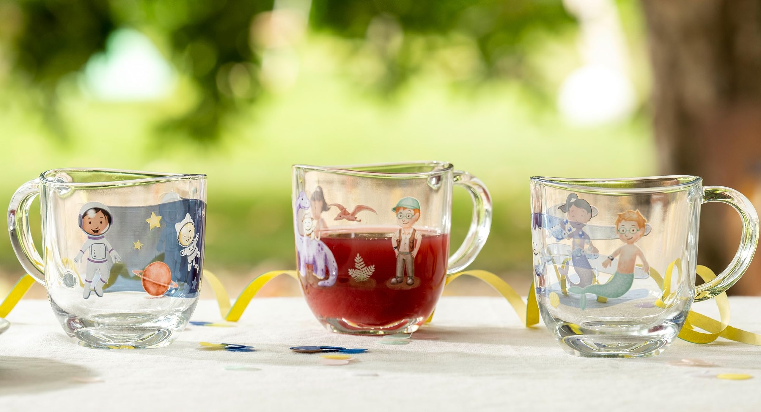 LEONARDO Bambini Avventura - Juego de 6 tazas infantiles con diseño de cristal de paredes gruesas, capacidad 280 ml, apto para lavavajillas, microondas, resistente, juego de 6 con diseño del espacio
