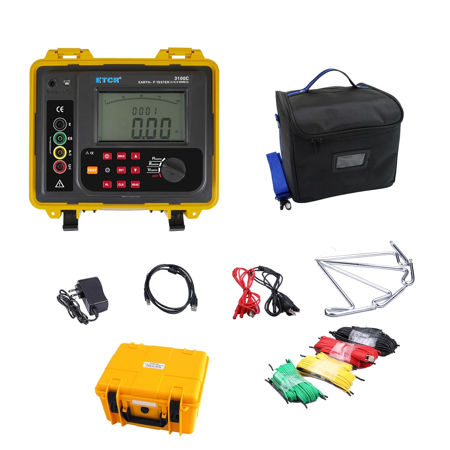 ET3000C Digital Earth Resistance Tester Ground Resistance Meter Earth Voltage Tester with Waterproof Protective Shell Earth Resistance Range 0.01Ω~2000Ω Earth Voltage Range 0-600V